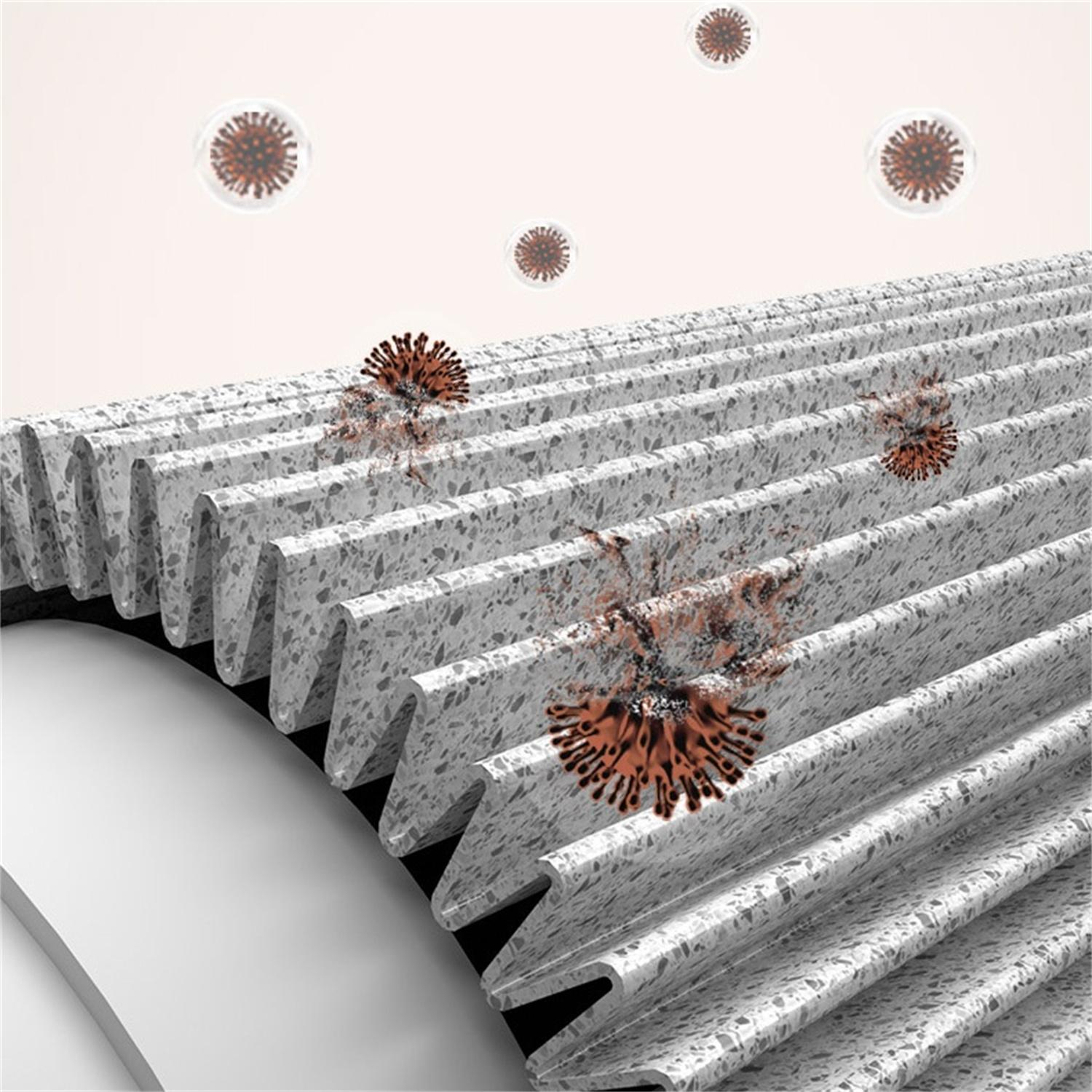 Luftfilter. Wellpappe mit Verunreinigungen. Schwebende Partikel. Weißer Hintergrund. 3D-Rendering.