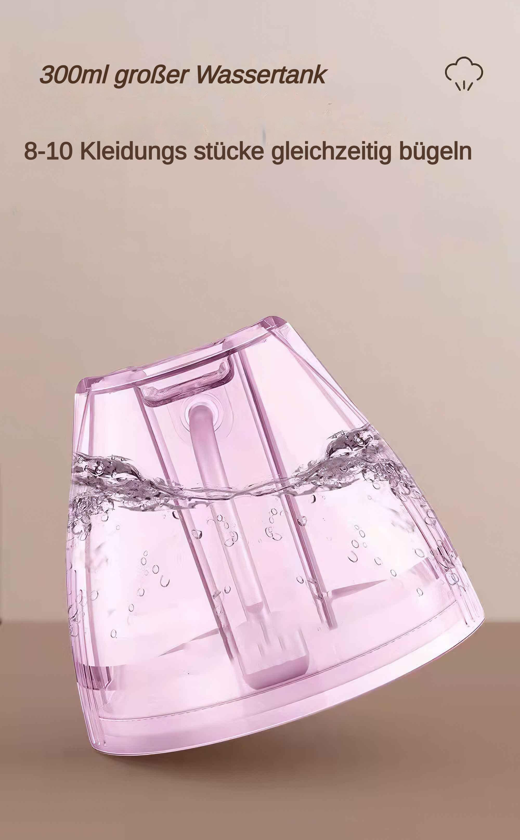 Ein rosa Wassertank mit Wasser darin. Ein Wassertank mit dem Text 300ml und dem Text von 8-10 Kleidungsstücken.