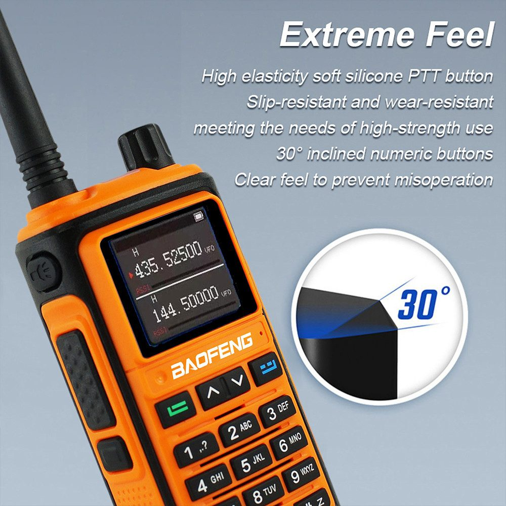 Radio arancione e nera con schermo e pulsanti. Un angolo di 30 gradi è indicato da un cerchio.