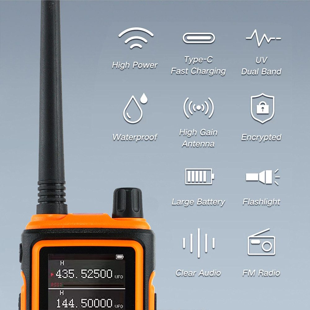 Un walkie-talkie arancione con icone delle funzioni, antenna e display digitale.