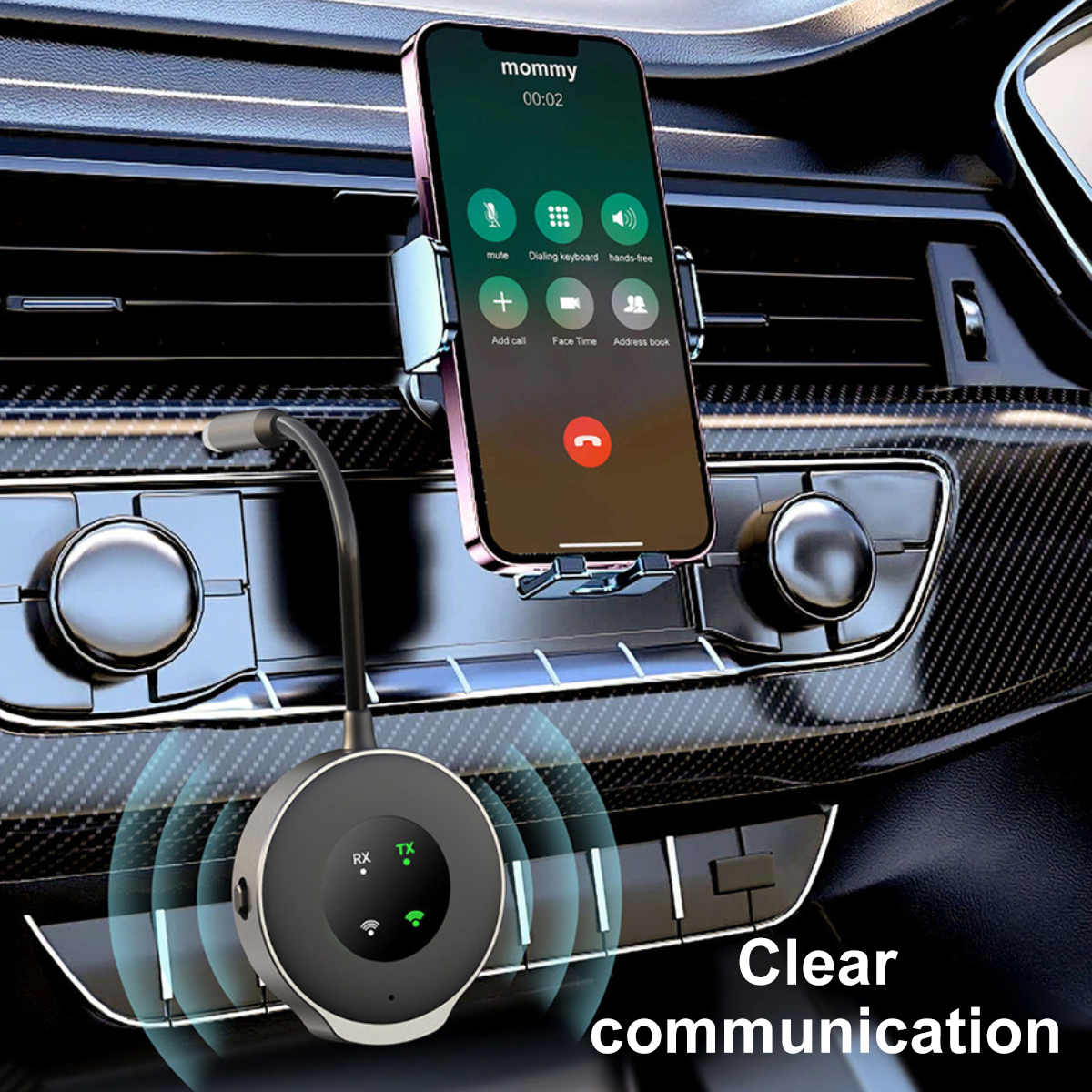 Ein Telefon in einer Autohalterung mit einem eingehenden Anruf, mit Bluetooth-Empfänger und Text.