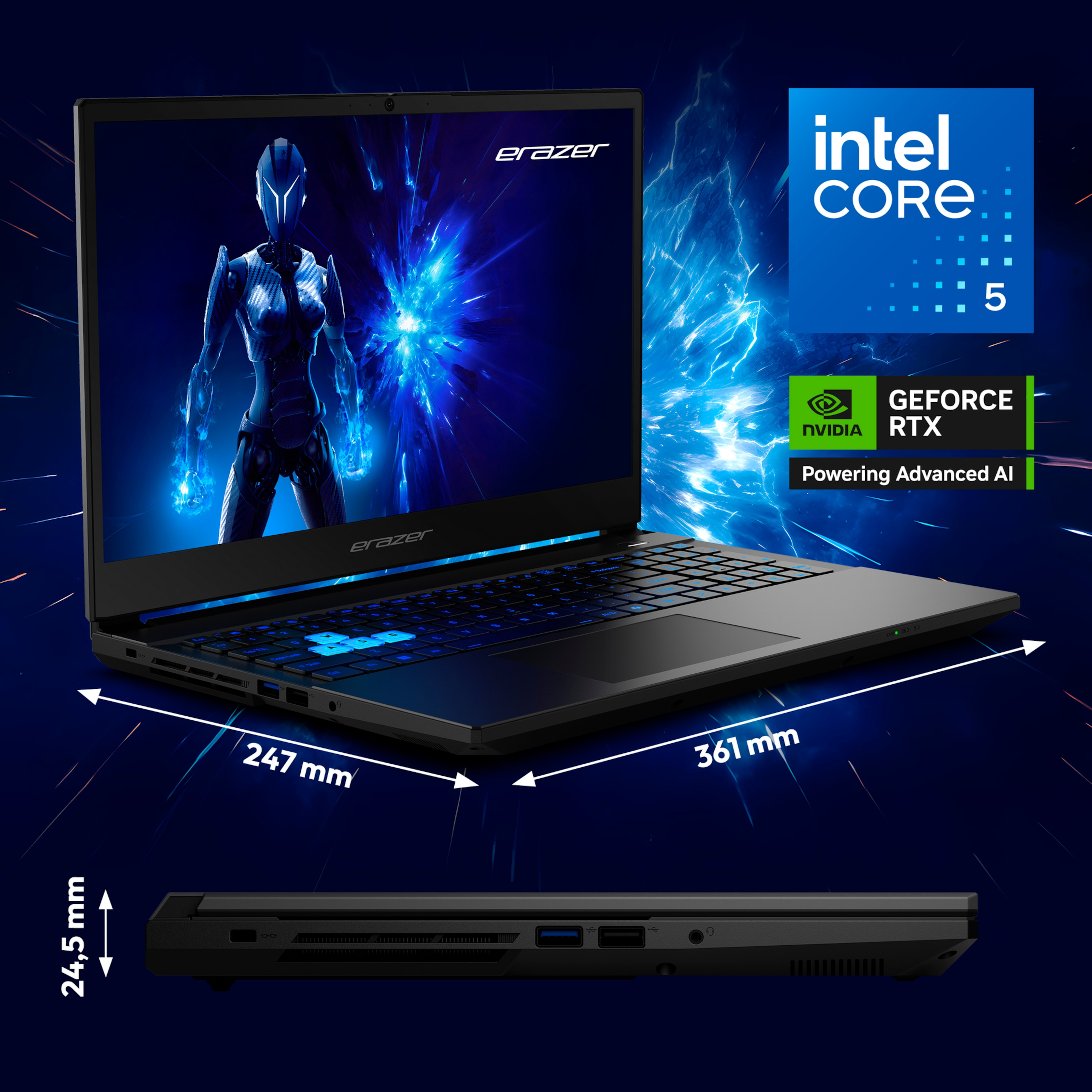 Ein Laptop ist geöffnet und zeigt eine Grafik mit einer Frau. Die Logos Intel Core i5 und Nvidia RTX sind vorhanden.