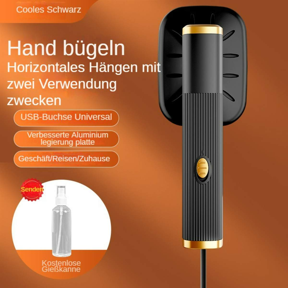 Ein schwarzer und goldener Hand-Kleidungsdampfer mit Sprühflasche und Text in einem Werbebild.