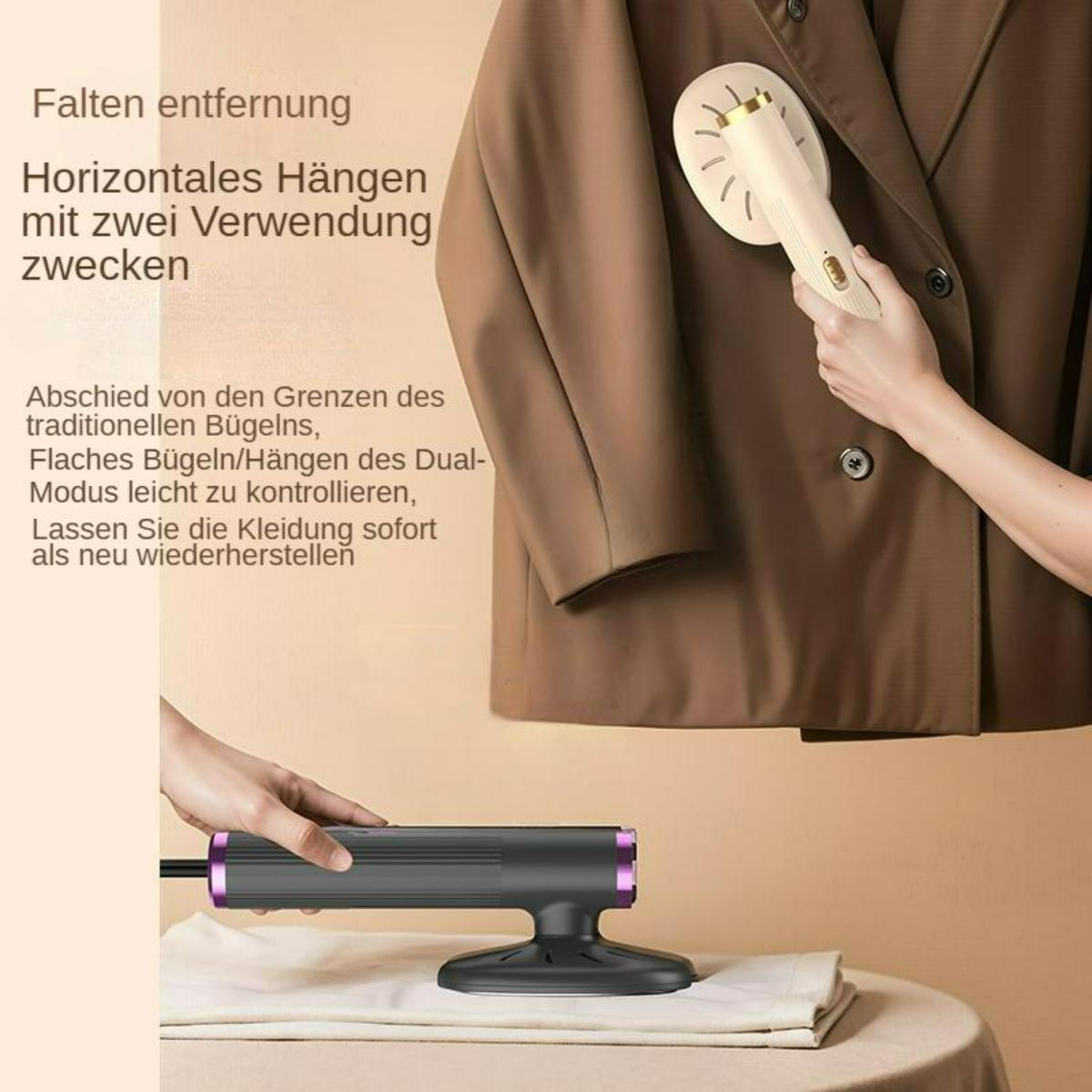 Eine Person benutzt einen Handdampfgarer an einer Jacke, die Basis des Dampfgarers ist vorne.