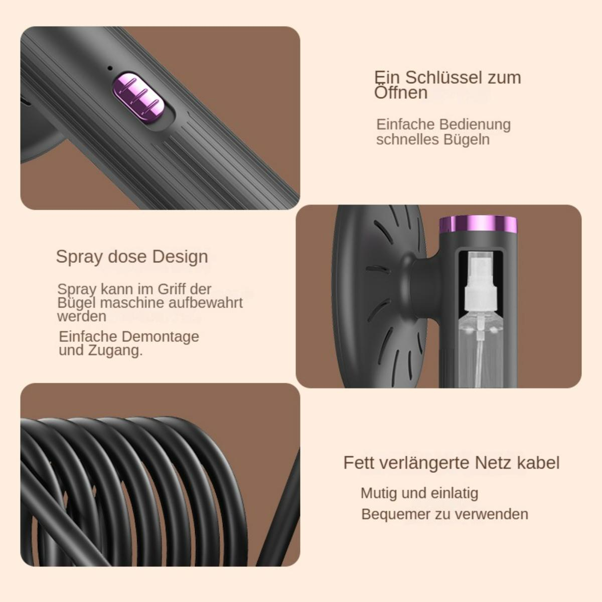 Nahaufnahme eines Handdampfgarers mit Details zu Knopf, Sprühfunktion und Kabel.