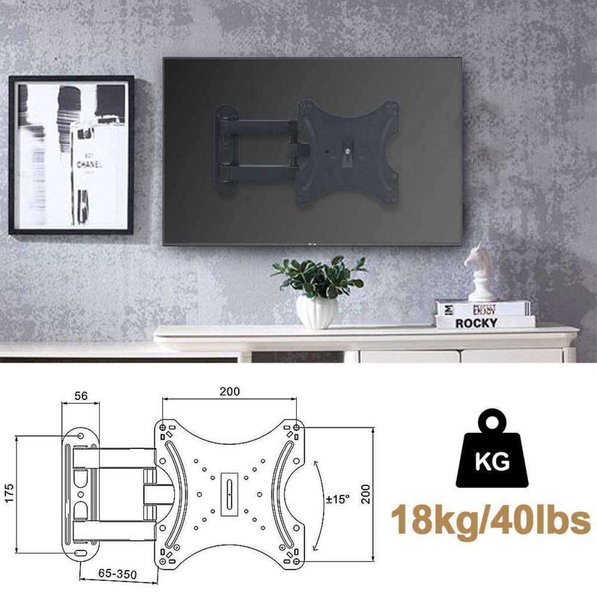 An der Wand montierter Fernseher mit Diagrammen und Spezifikationen. Der Fernseher befindet sich über einem weißen Schrank.