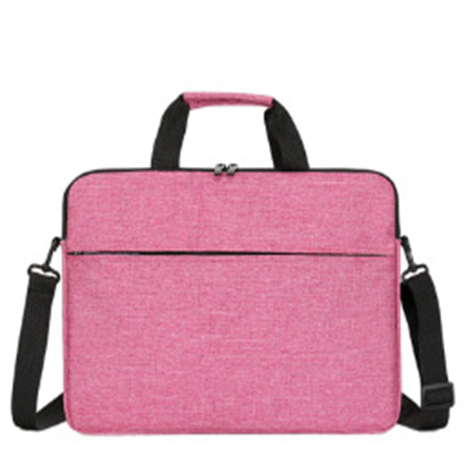 Rosa Laptoptasche mit schwarzen Griffen und Schulterriemen. Sie hat einen Reißverschluss und eine Vordertasche.