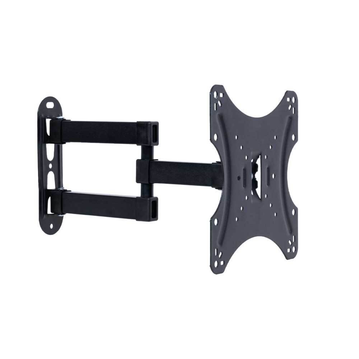 Schwarze TV-Wandhalterung mit verstellbarem Arm. Die Halterung hat eine Halterung und einen Metallrahmen.
