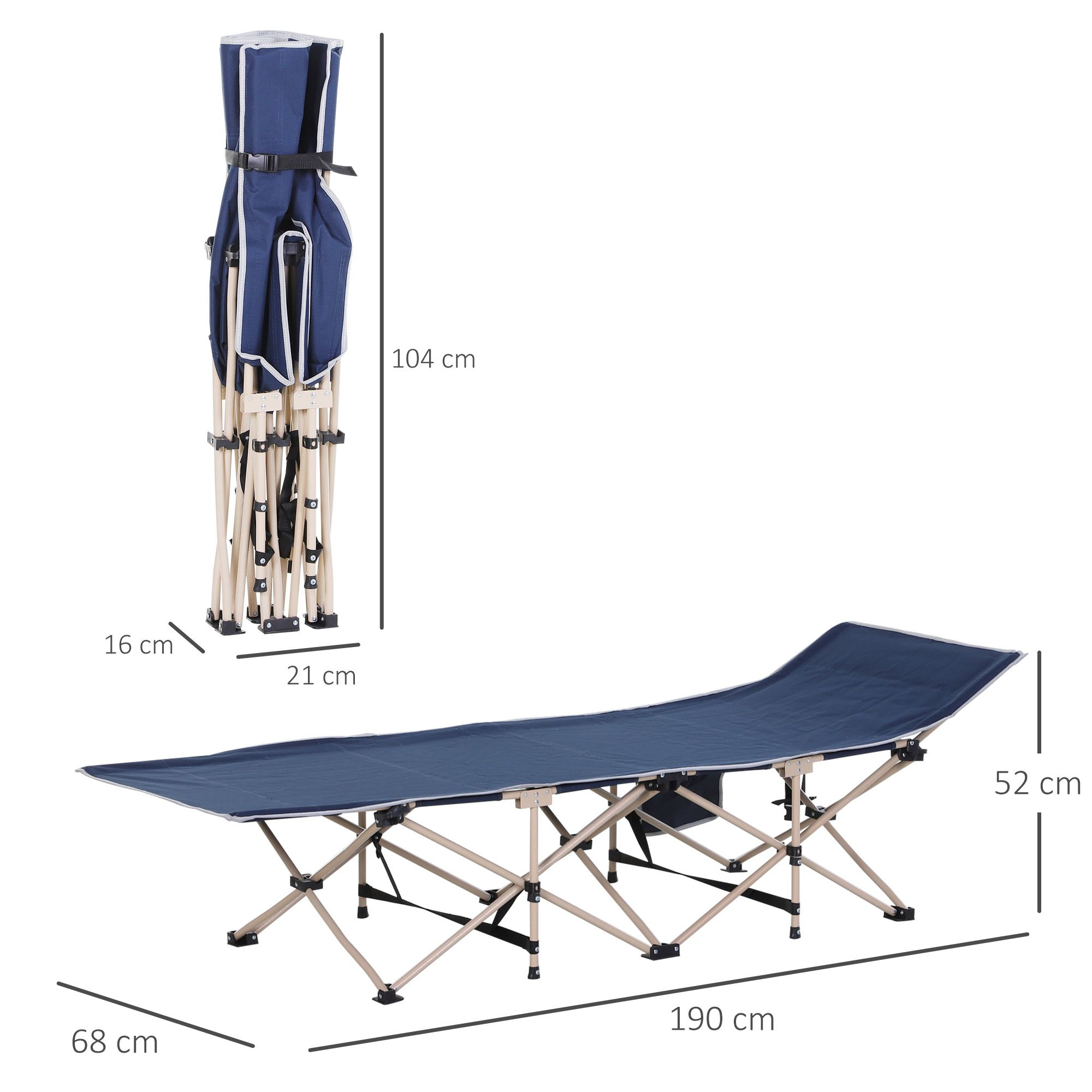 Campingbett mit angezeigten Abmessungen: 190 cm lang, 68 cm breit, 52 cm hoch und 104 cm gefaltete Höhe.