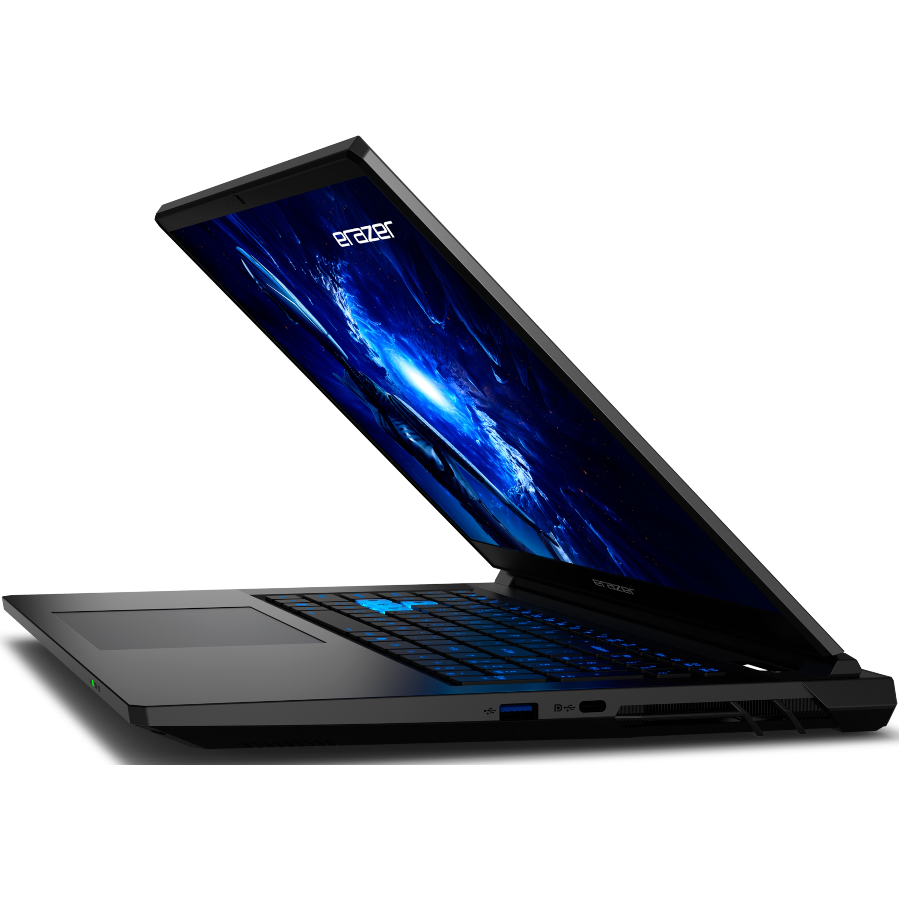 Schwarzer Laptop mit einem Bildschirm, der ein blaues und weißes abstraktes Bild anzeigt. Der Laptop ist offen.