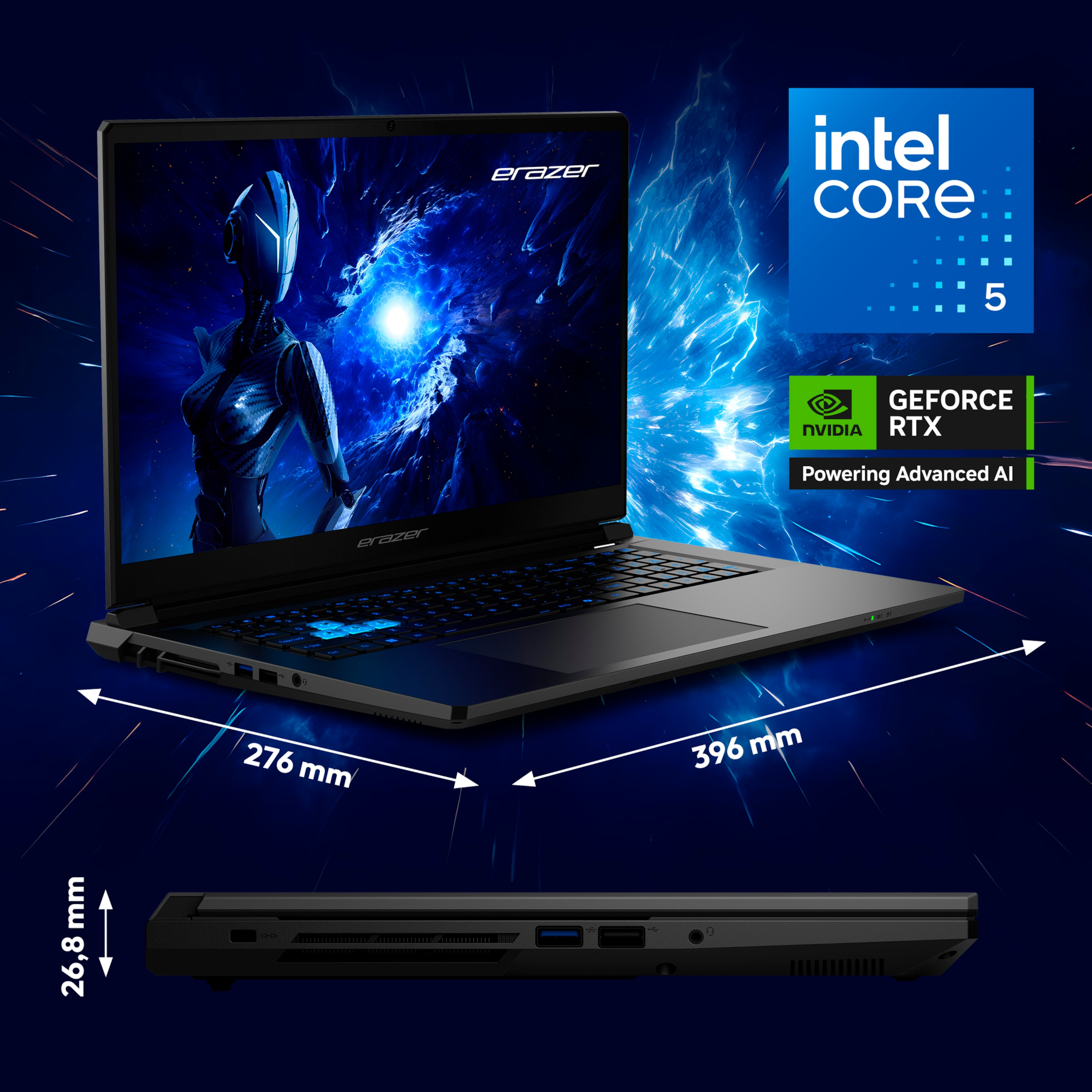 Schwarzer Laptop mit Maßen, Intel Core 5 Logo und einem Nvidia GeForce RTX Aufkleber.