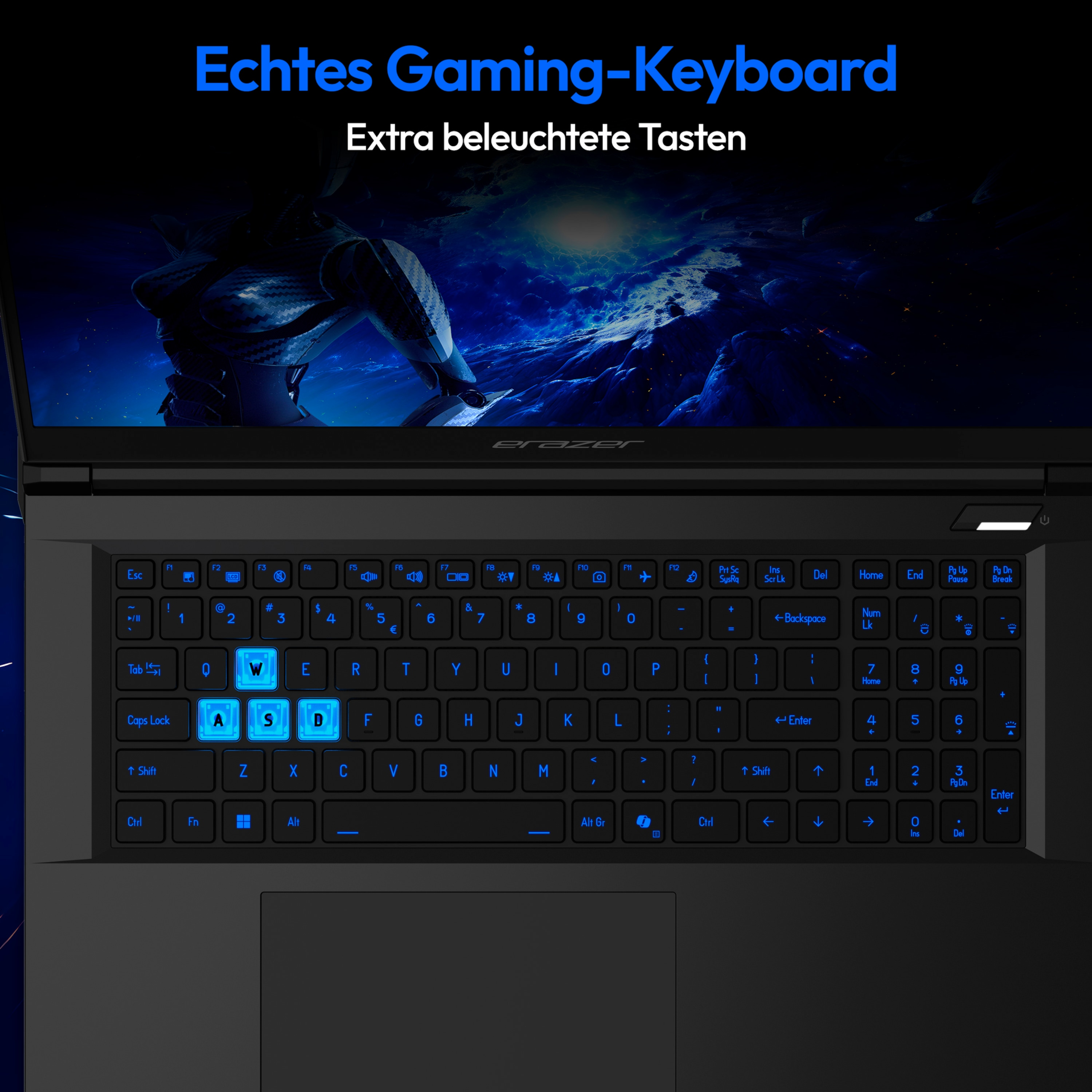 Laptop-Tastatur mit blau hinterleuchteten Tasten und Nahaufnahme.