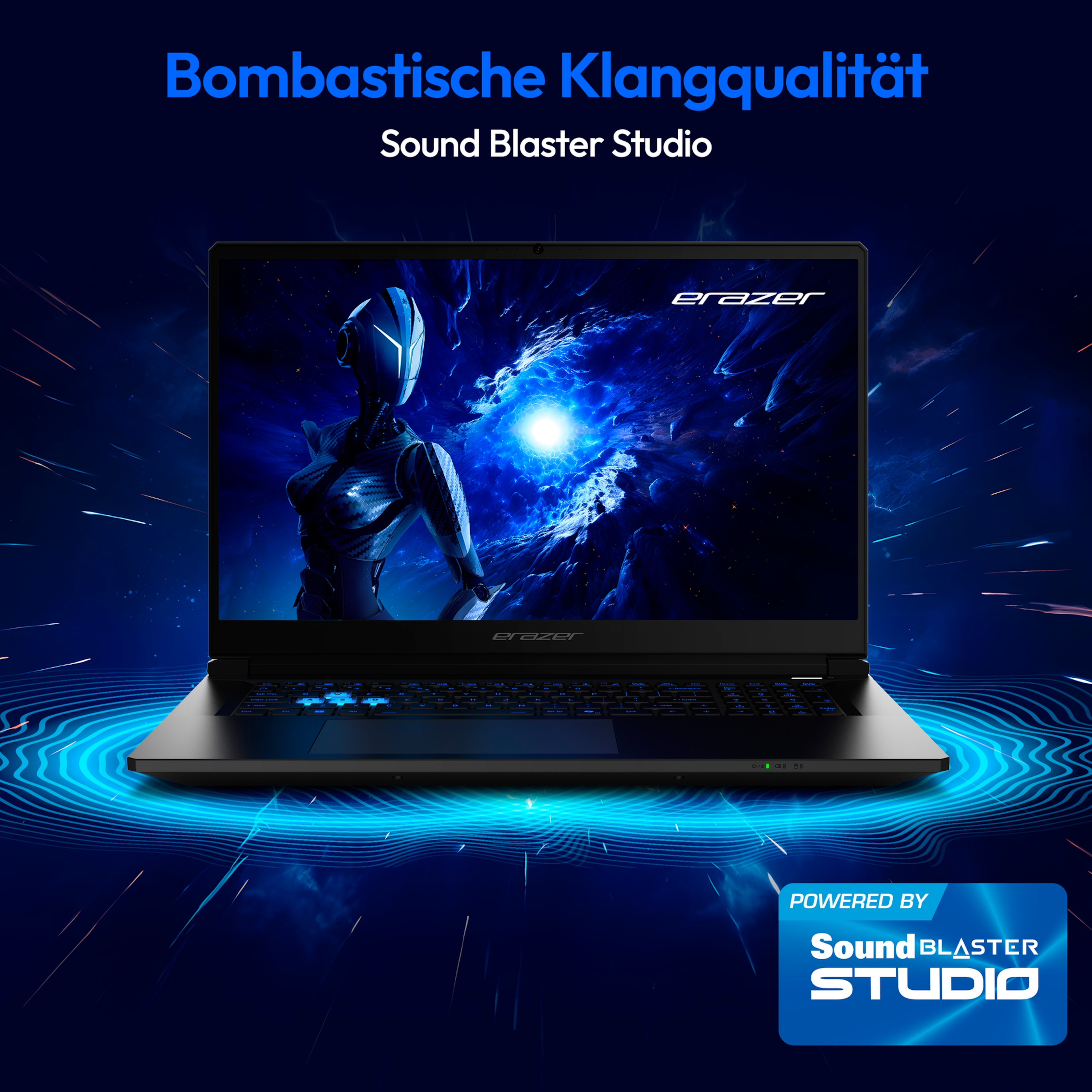 Laptop mit futuristischer Szene mit blauer Figur, Logo 'Sound Blaster Studio'.