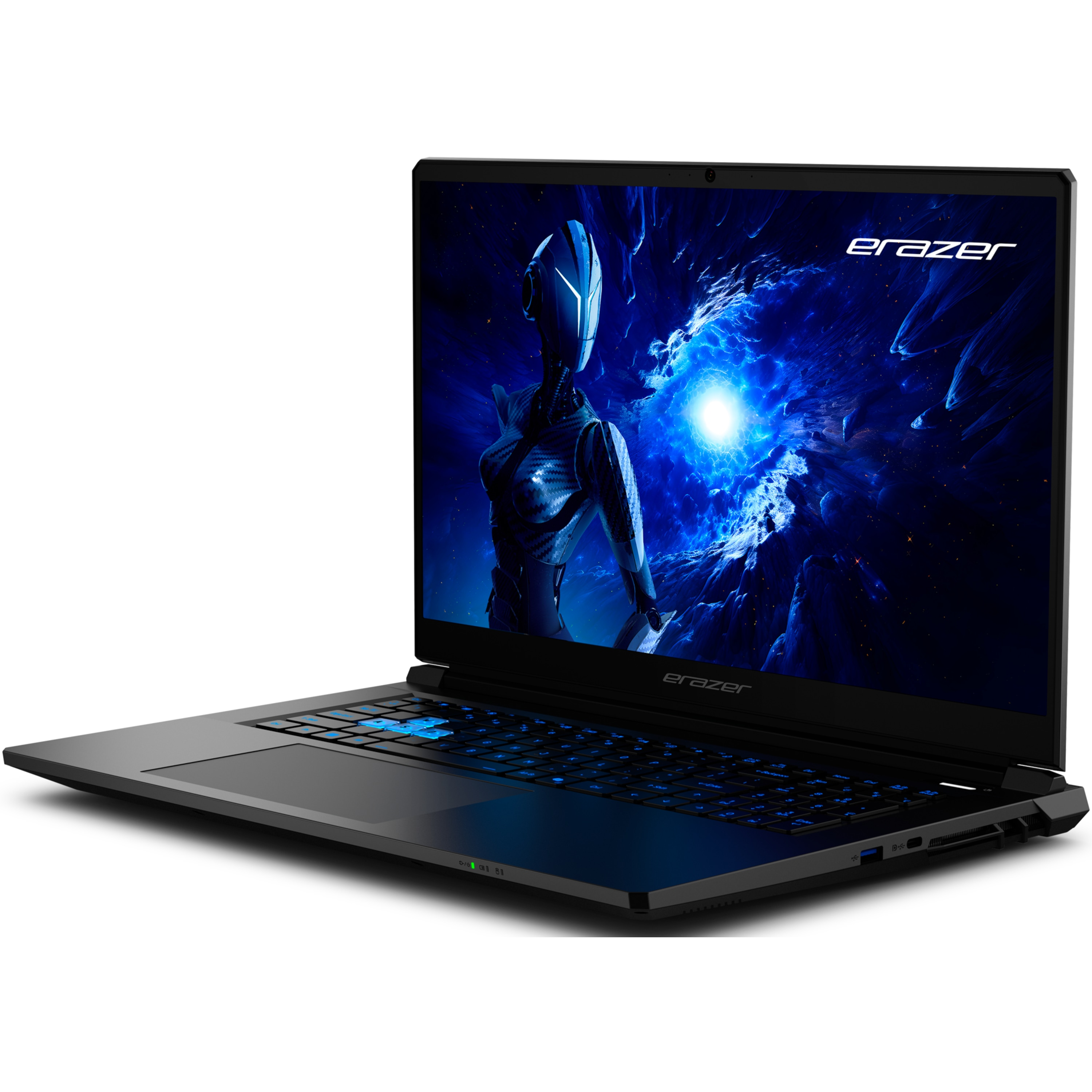 Schwarzer Laptop mit blau beleuchteter Tastatur, Bildschirm mit futuristischem Bild, Wort 'Erazer'.
