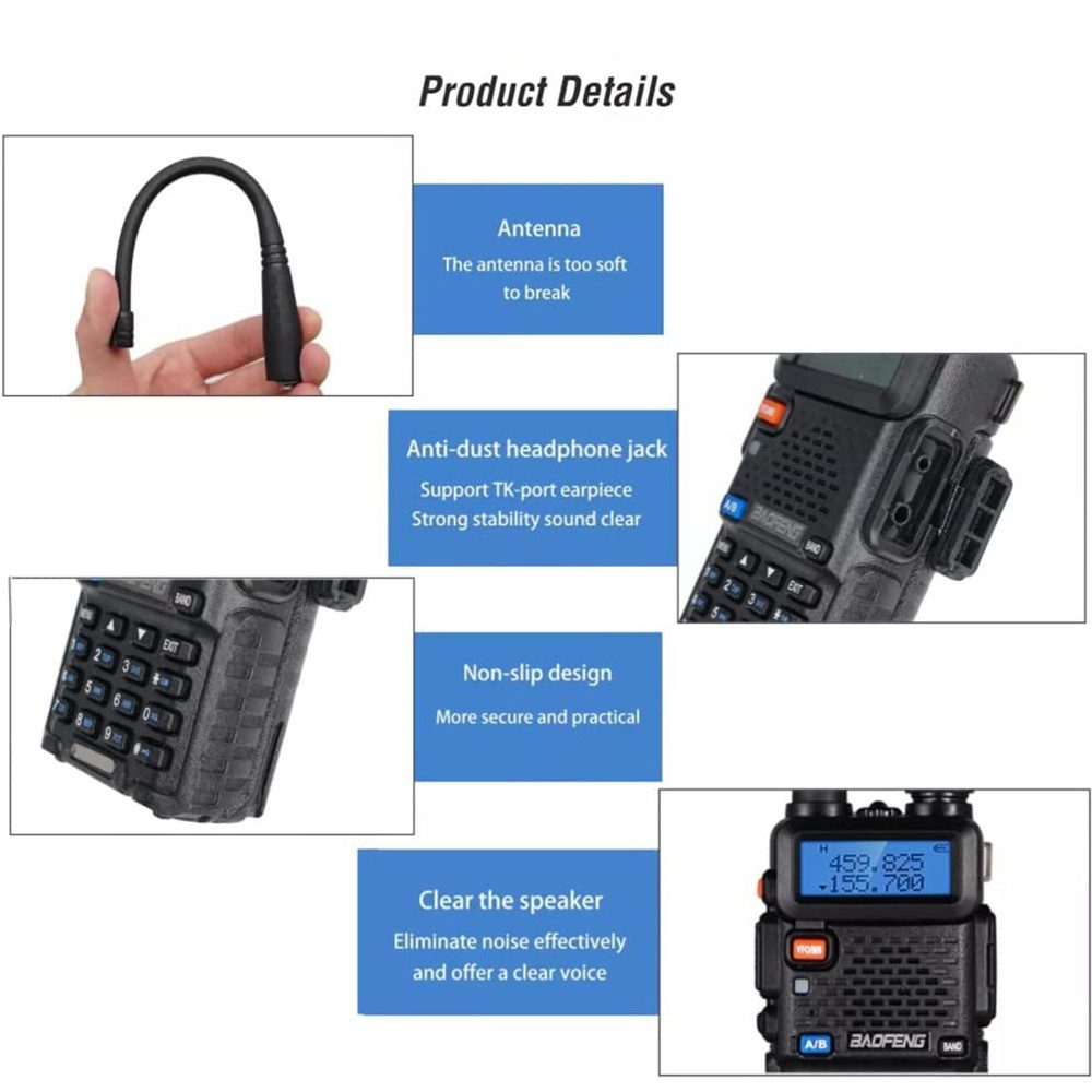 Detalles del producto de una radio Baofeng, que muestra la antena, el conector para auriculares, el teclado y el altavoz.