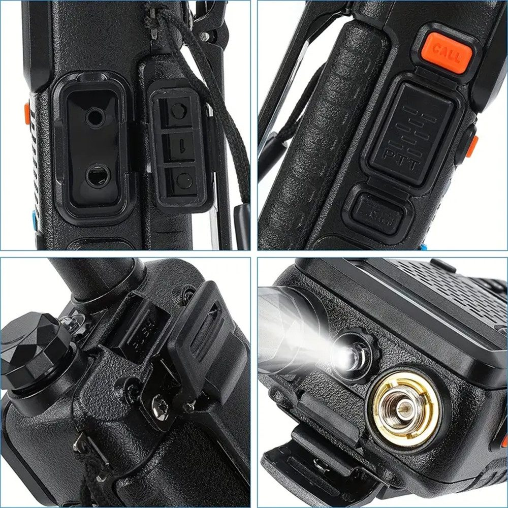 Primeros planos de un walkie-talkie mostrando detalles de botones, puertos y una linterna.