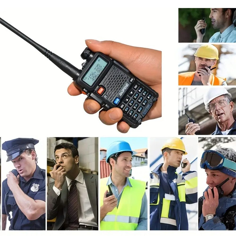 Hand hält ein schwarzes Walkie-Talkie mit Bildschirm. Andere Personen mit Funkgeräten im Hintergrund.
