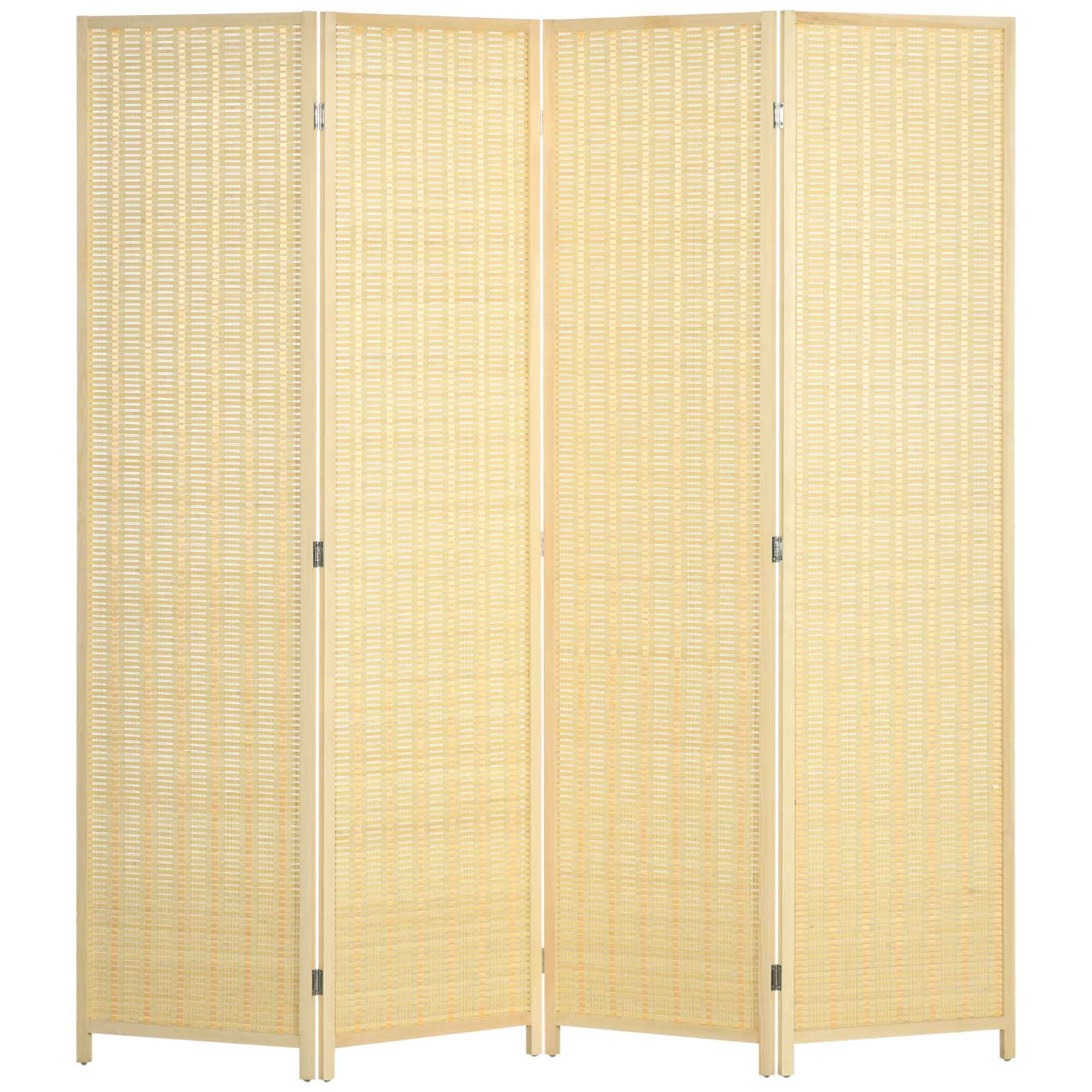 Ein viergeteiltes Raumteiler aus hellem Holz und gewebtem Material, aufrecht stehend.