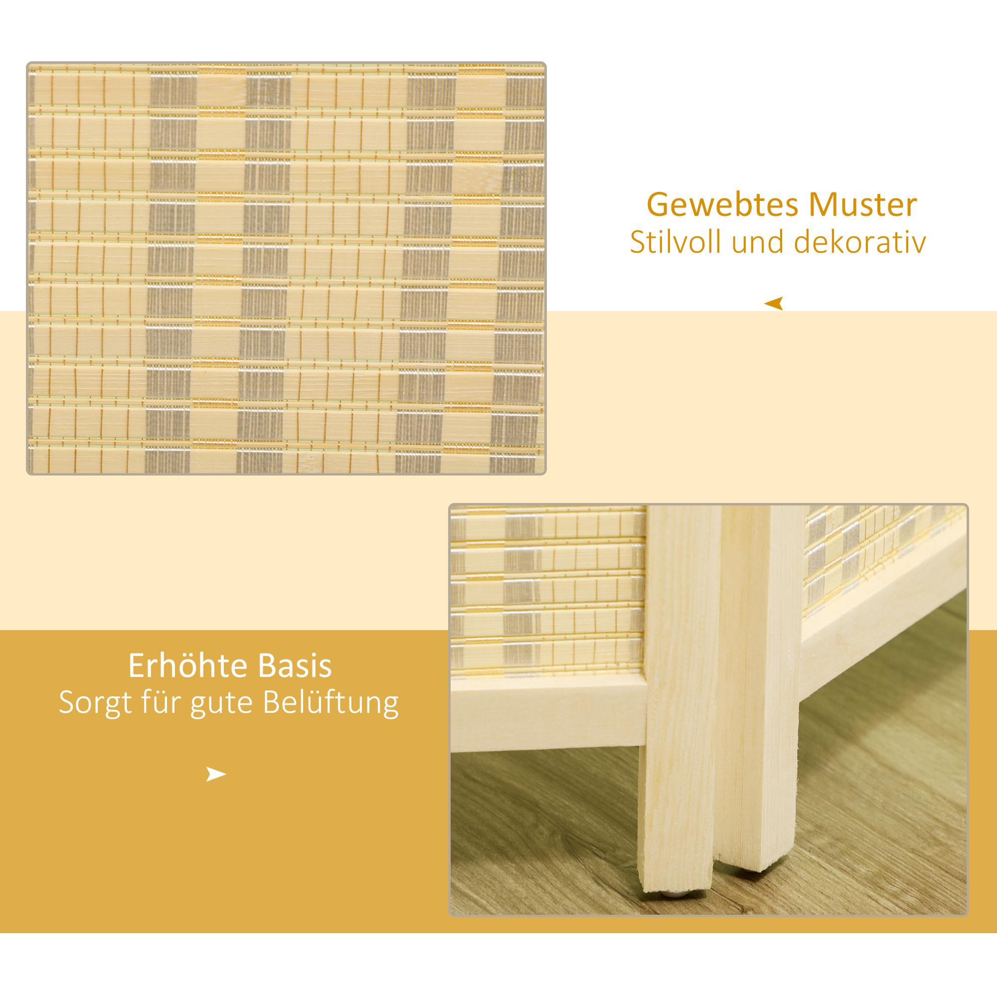 Nahaufnahme des gewebten Musters eines Raumteilers und des Sockels mit Holzbeinen.