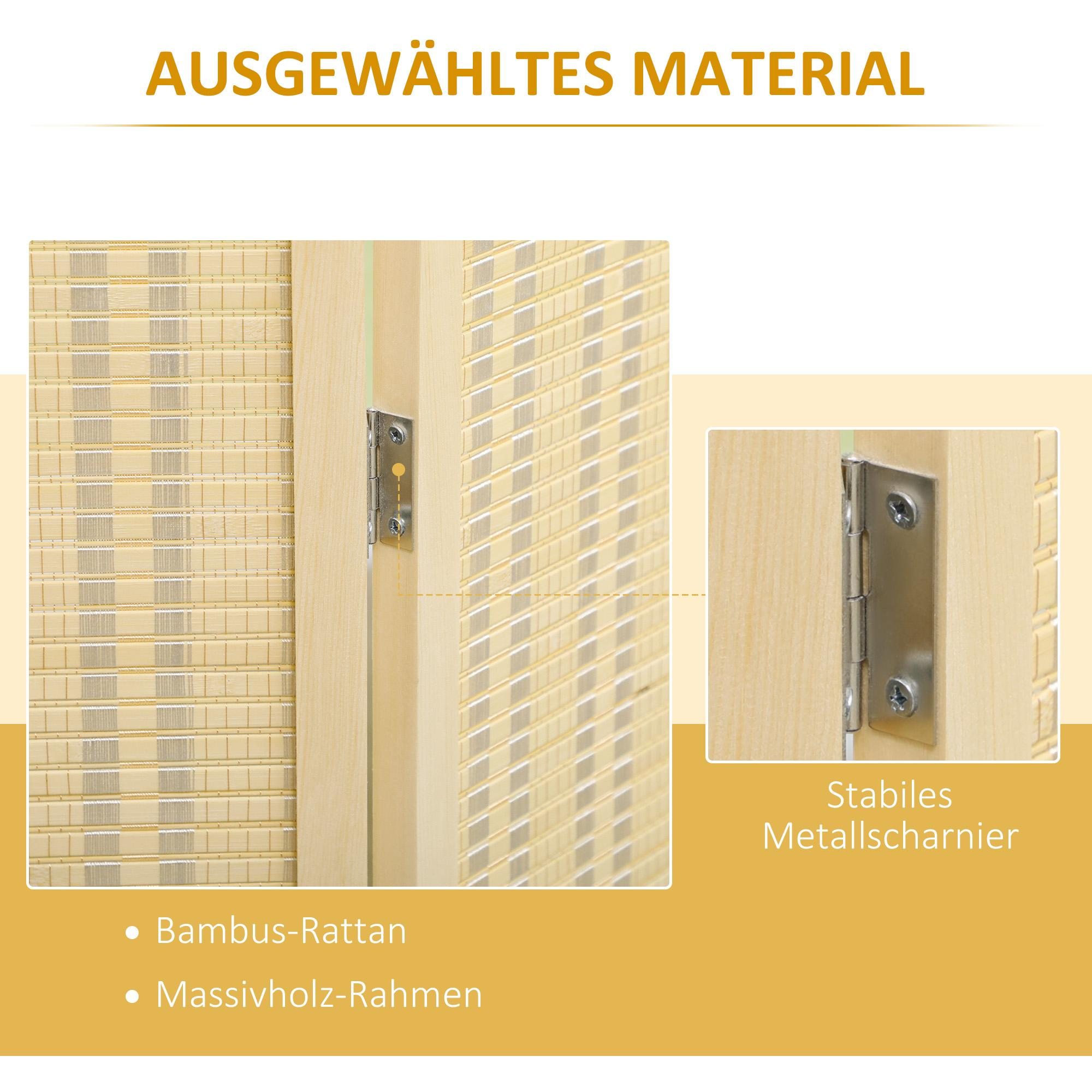 Ein Holzrahmen mit Bambus-Rattan-Paneelen und einem Metallscharnier für Stabilität.