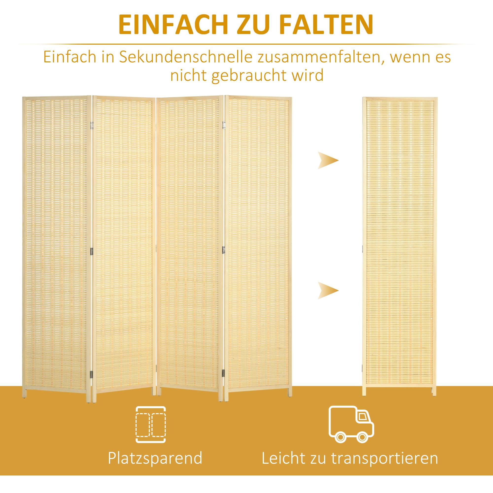 Ein faltbarer Raumteiler aus hell gefärbtem Webmaterial. Pfeile zeigen das Falten und Entfalten an.