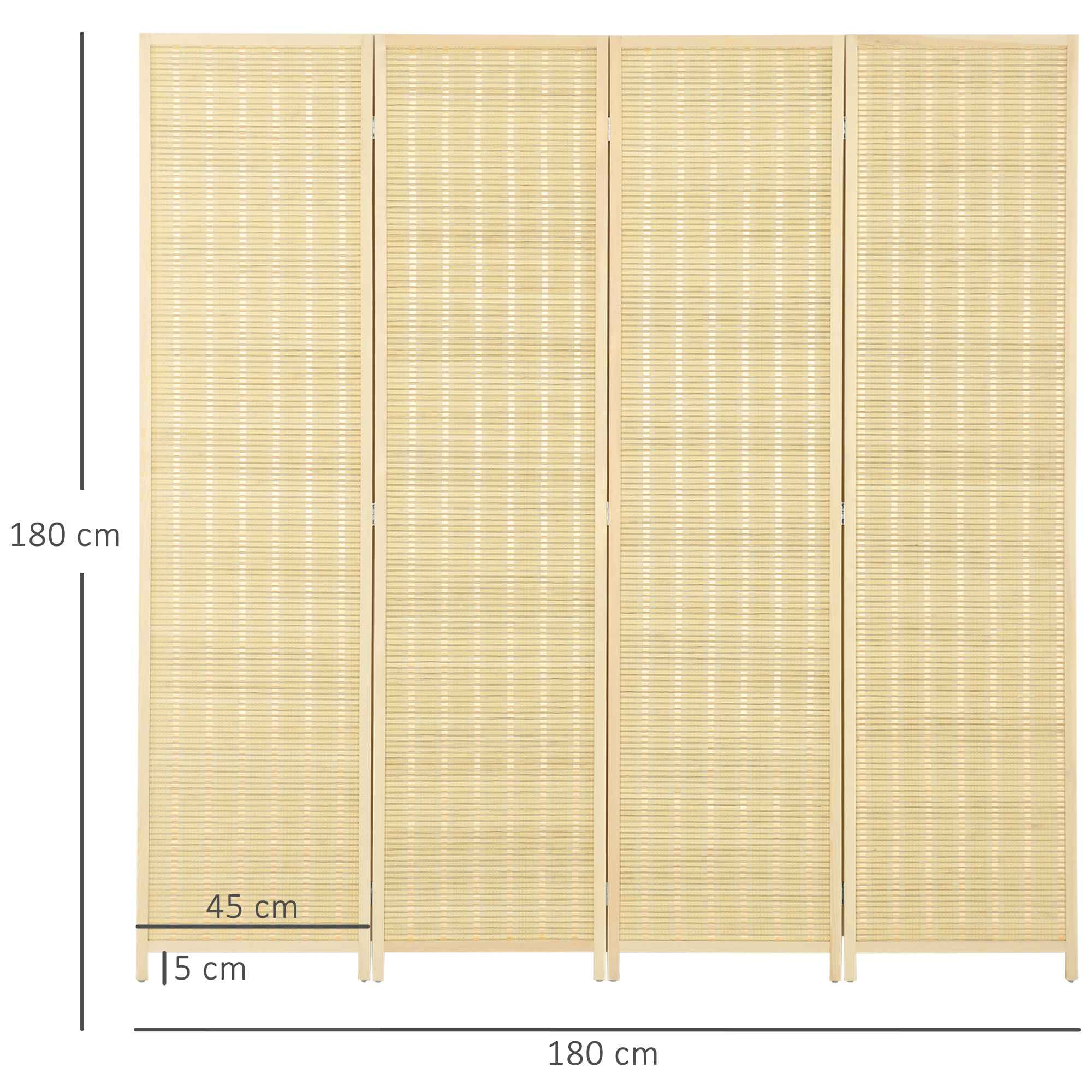 Vierteiliger Raumteiler mit Bambus-ähnlichem Material, Maße 180 cm x 45 cm.