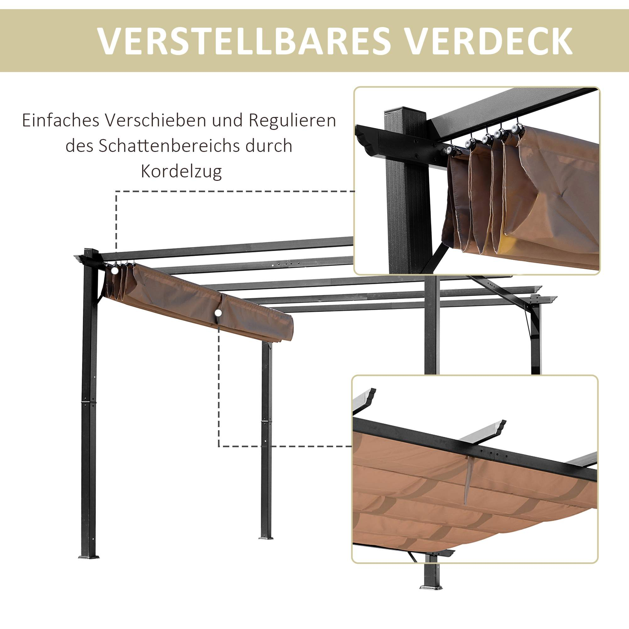 Eine schwarze und braune Pergola mit einziehbarem Verdeck, Details des Schiebemechanismus.