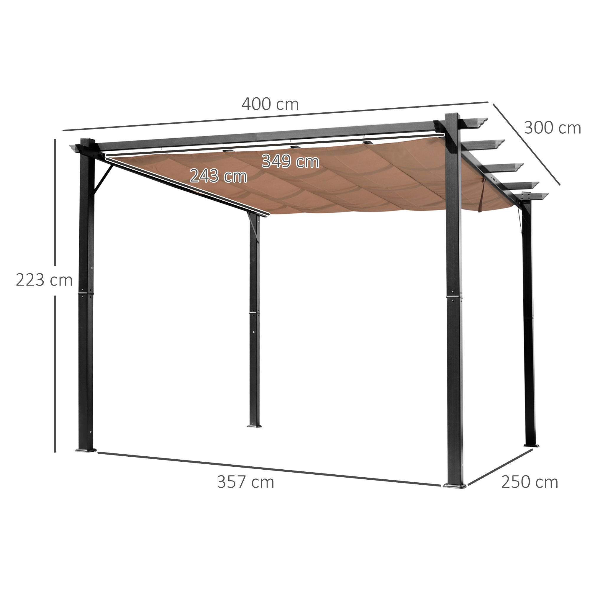Schwarze Pergola mit braunem Dach. Abmessungen beschriftet: 400 cm, 300 cm, 223 cm, 357 cm, 250 cm.
