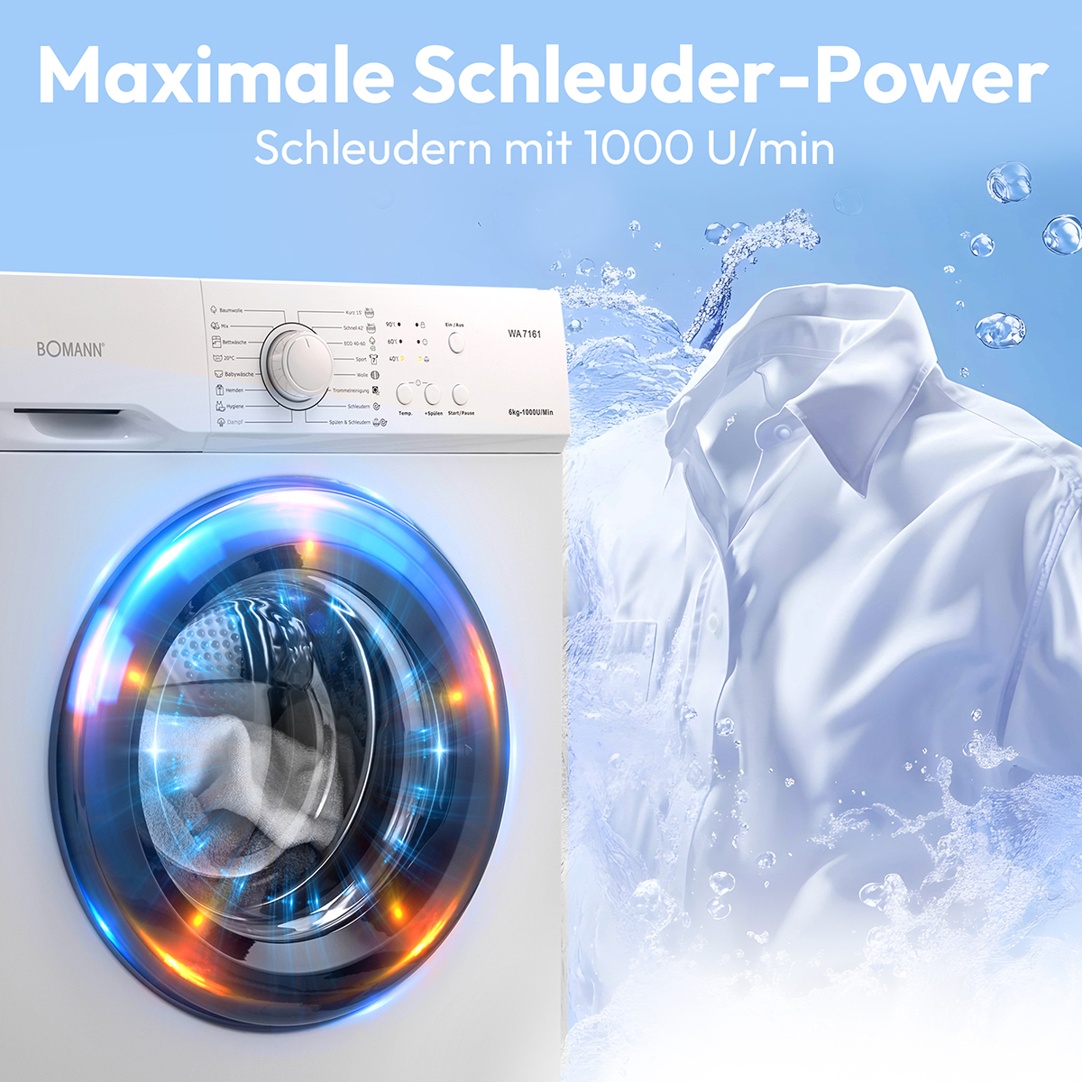 Pralka ze szklanymi drzwiami, pokazująca wodę i koszulę. Niebieskie i pomarańczowe światło wkoło.