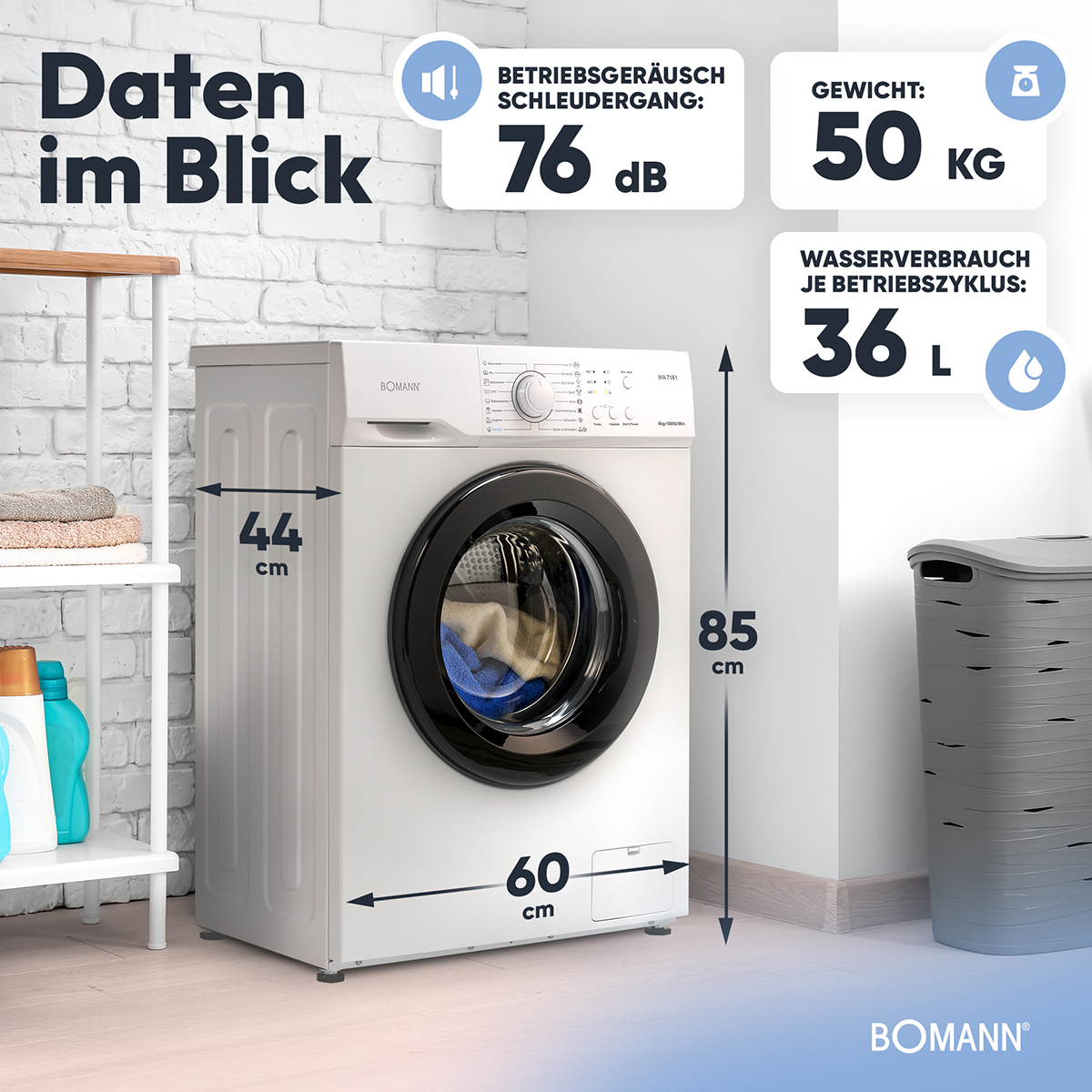 Biała pralka, wymiary, tekst o wadze, zużyciu wody na cykl i hałasie.