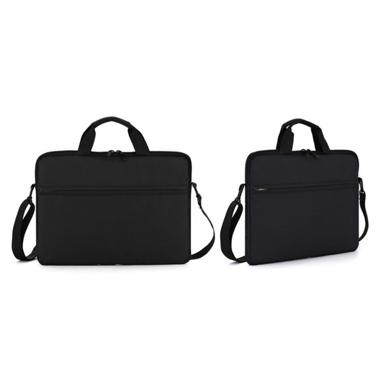 Zwei schwarze Laptoptaschen, eine links und eine rechts, weißer Hintergrund.