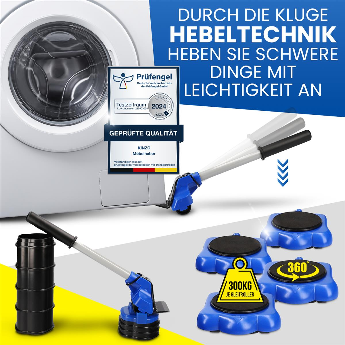 Verschiedene Umzugswerkzeuge, blaue Heber, schwarzes Fass, Text über Tragfähigkeit und Drehung.