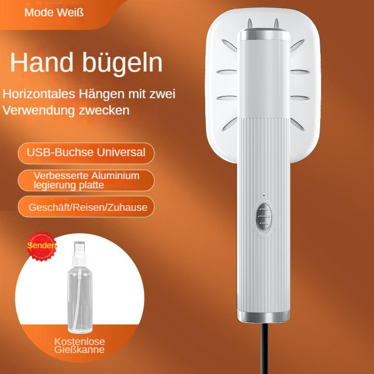 Weißer Handdampfer, Text auf Deutsch, Sprühflasche, brauner Hintergrund.