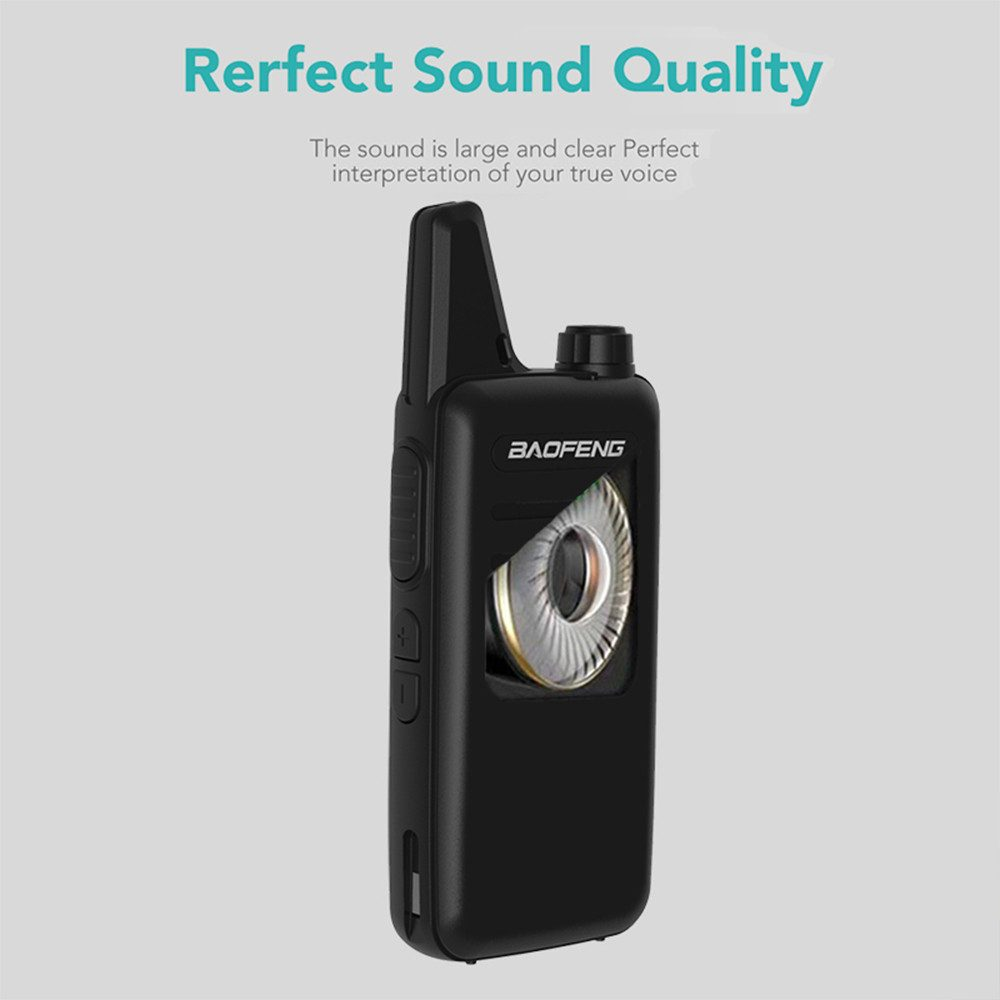 Se muestra un walkie-talkie negro. El texto en la parte superior dice calidad de sonido perfecta.