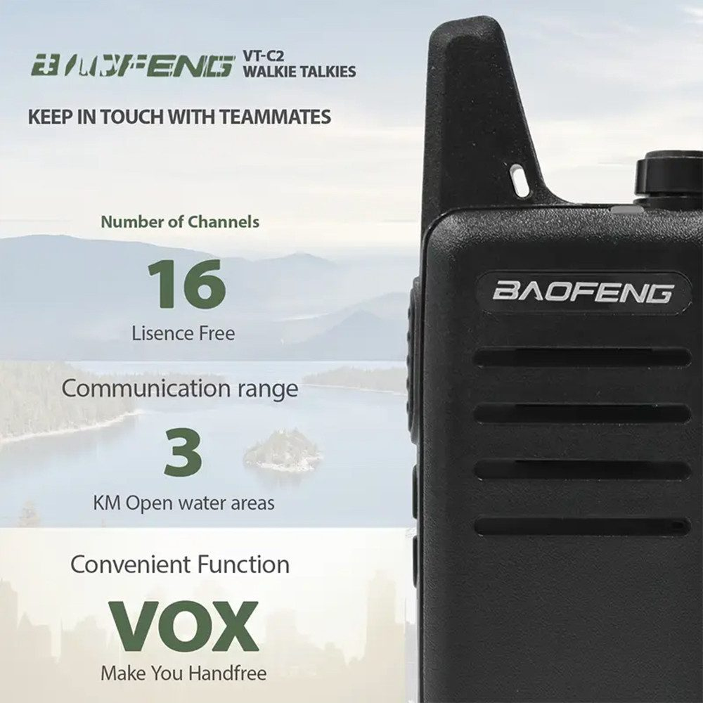 El walkie-talkie negro tiene 16 canales y un alcance de comunicación de 3 km, con función VOX.