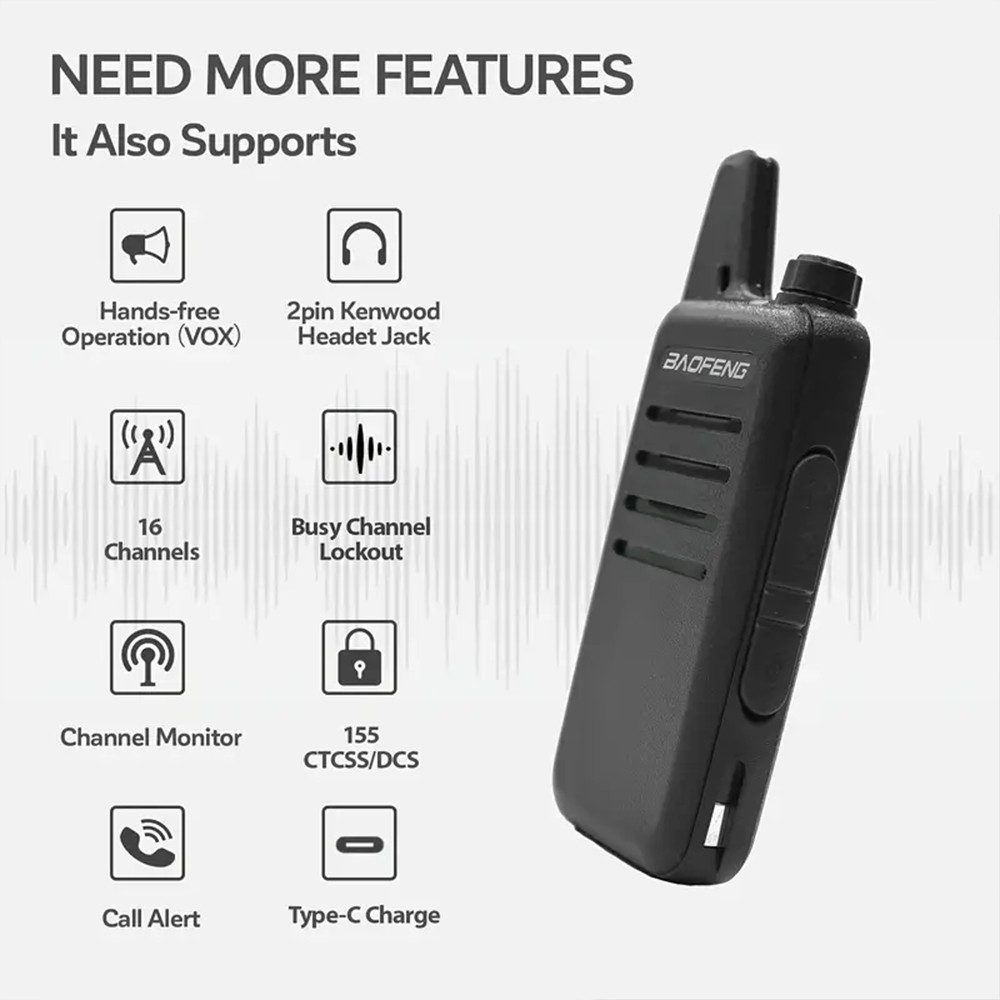 Se muestra un walkie-talkie negro con iconos de funciones y el logotipo de Baofeng.