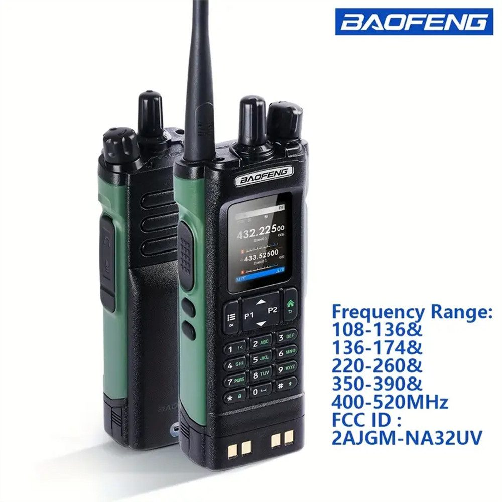 Radios de dos vías con detalles en verde y negro. El texto detalla los rangos de frecuencia y la ID de la FCC.
