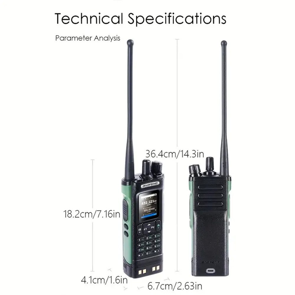 Se muestran dos walkie-talkies negros y verdes con especificaciones técnicas y dimensiones.