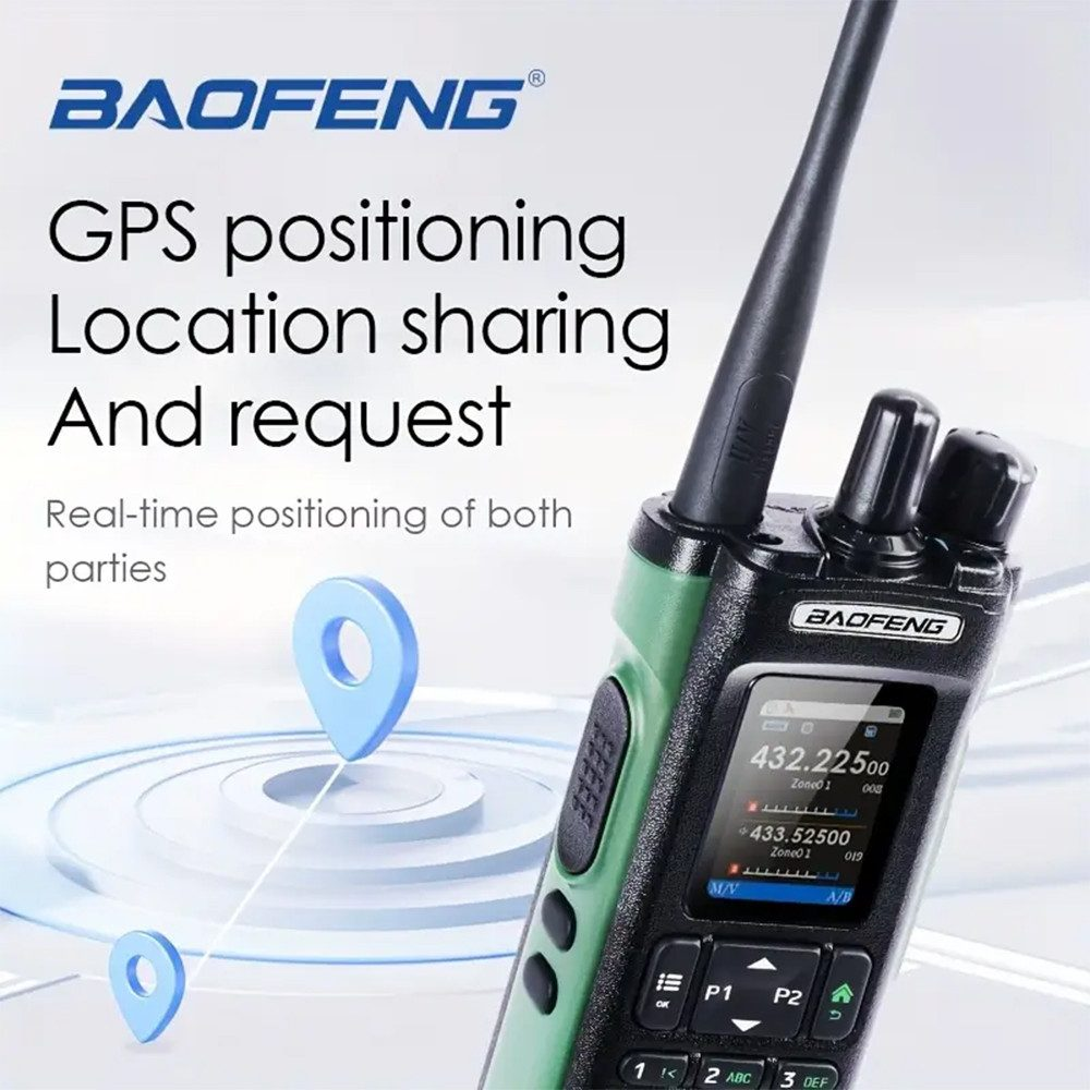Un walkie-talkie muestra posicionamiento GPS, compartir ubicación y funciones de solicitud.