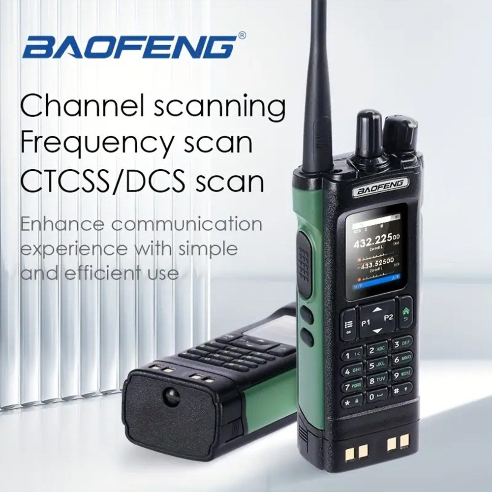 Se muestran dos walkie-talkies, mostrando las funciones de escaneo de canales y escaneo de frecuencia.