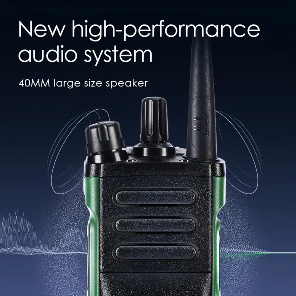 Walkie-talkie verde y negro con antena y botones. Texto: 'Nuevo sistema de audio de alto rendimiento' y 'Altavoz de 40 mm'.