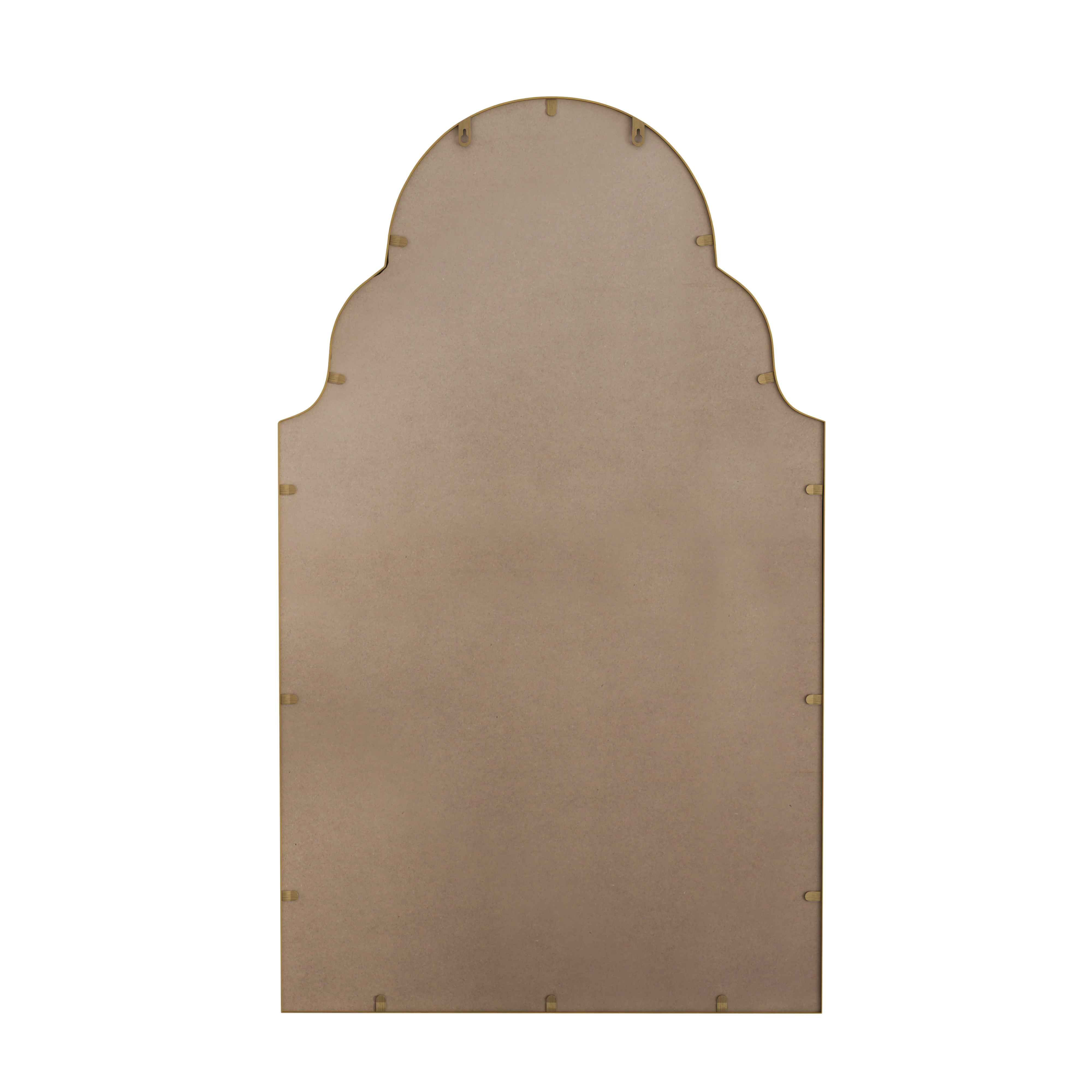 Rückseite eines goldgerahmten Spiegels auf weißem Hintergrund. Die Rückseite ist schlicht, mit Holzrückwand und sichtbarer Aufhängung.