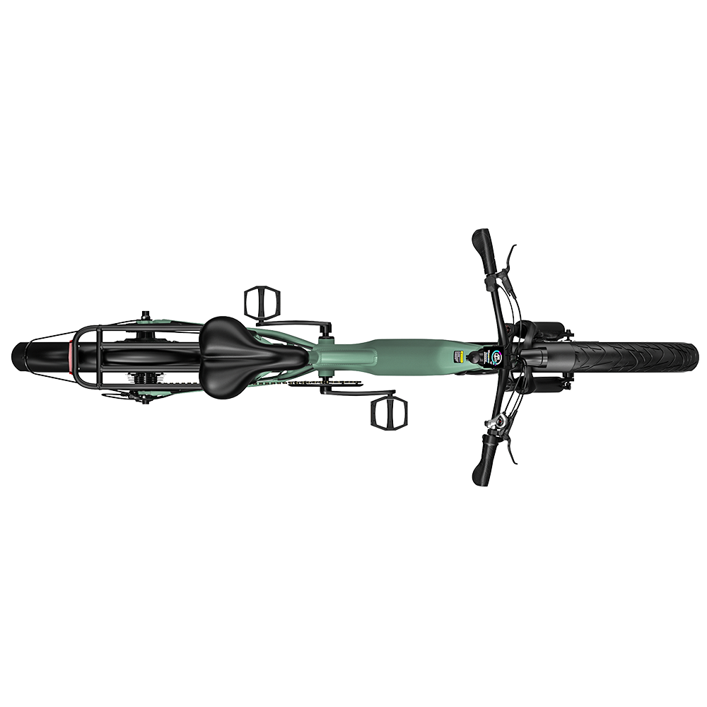 Zielony rower elektryczny, widok z góry. Czarne siodełko, czarne opony i komponenty.