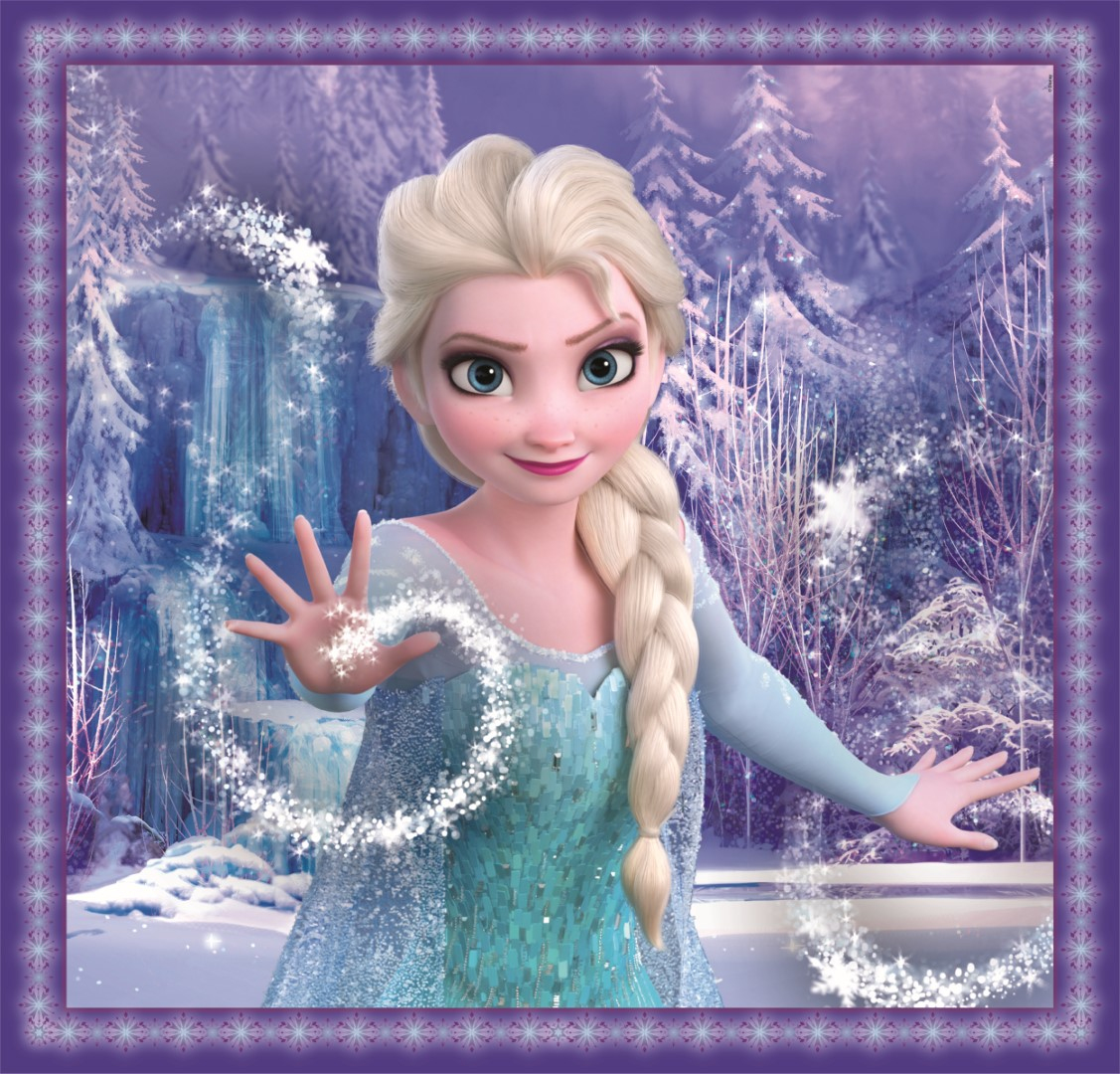 Elsa z Krainy Lodu, w zimowej scenerii, wyciąga rękę, otoczona błyszczącą magią.