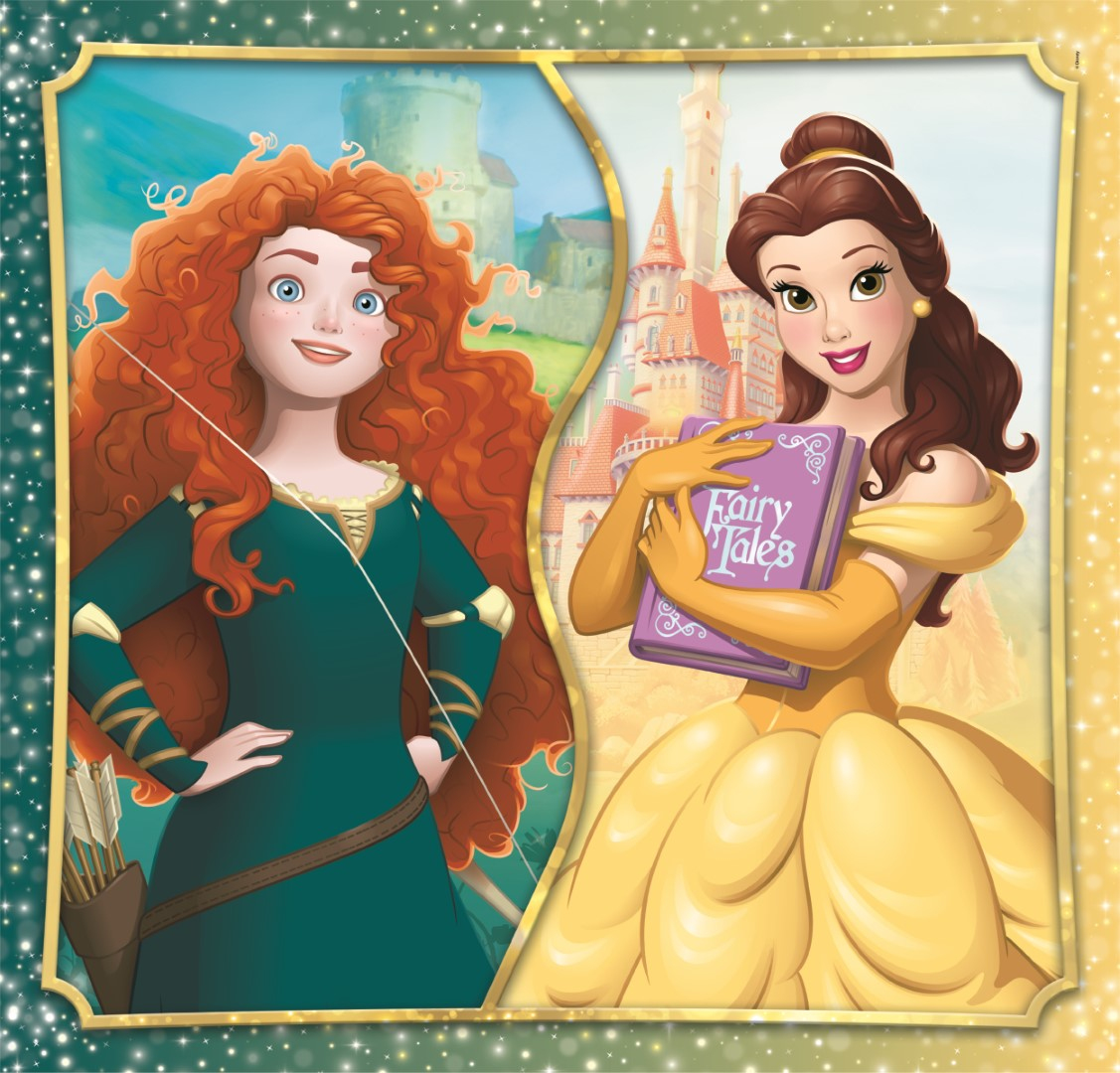 Merida i Bella, dwie księżniczki Disneya, obok siebie, w swoich charakterystycznych strojach.