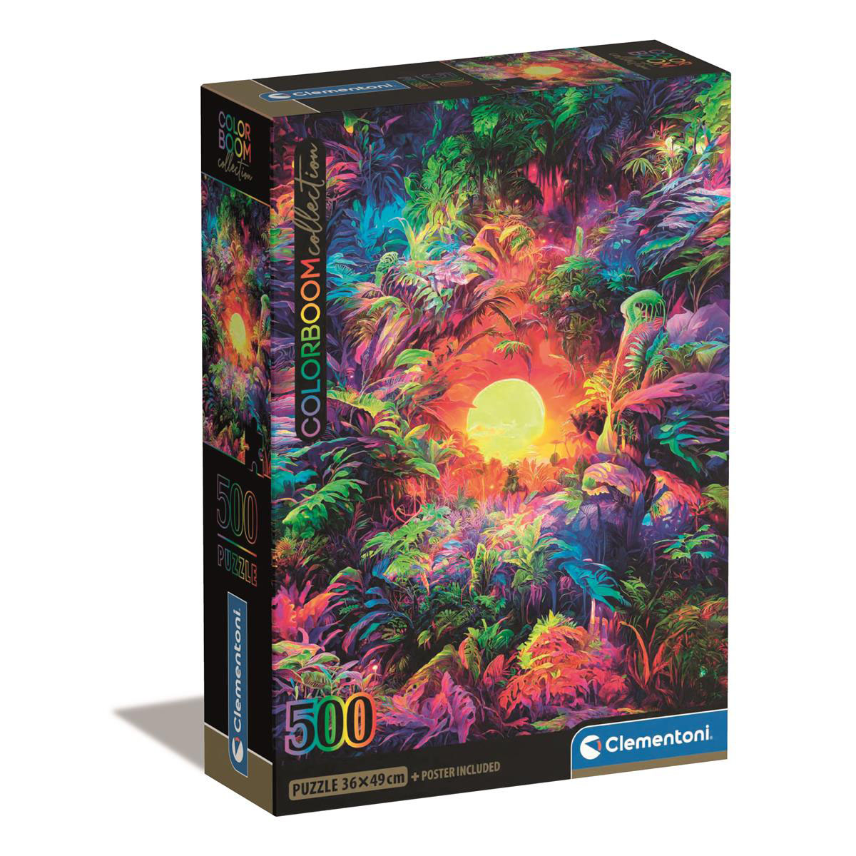 Eine bunte Puzzle-Box, die eine Dschungel-Szene mit heller Sonne und üppiger Vegetation zeigt.
