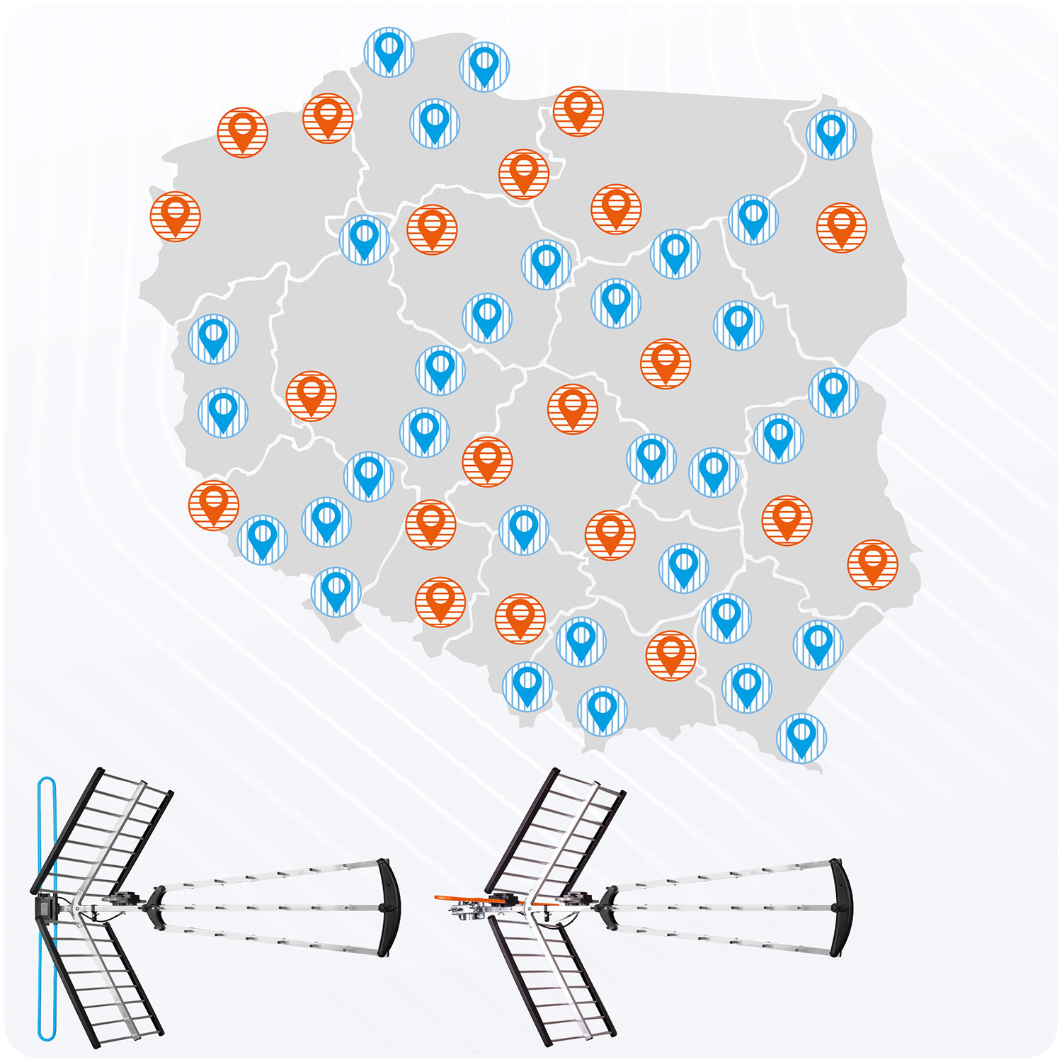 Mapa Polski z znacznikami lokalizacji i ilustracjami anten.