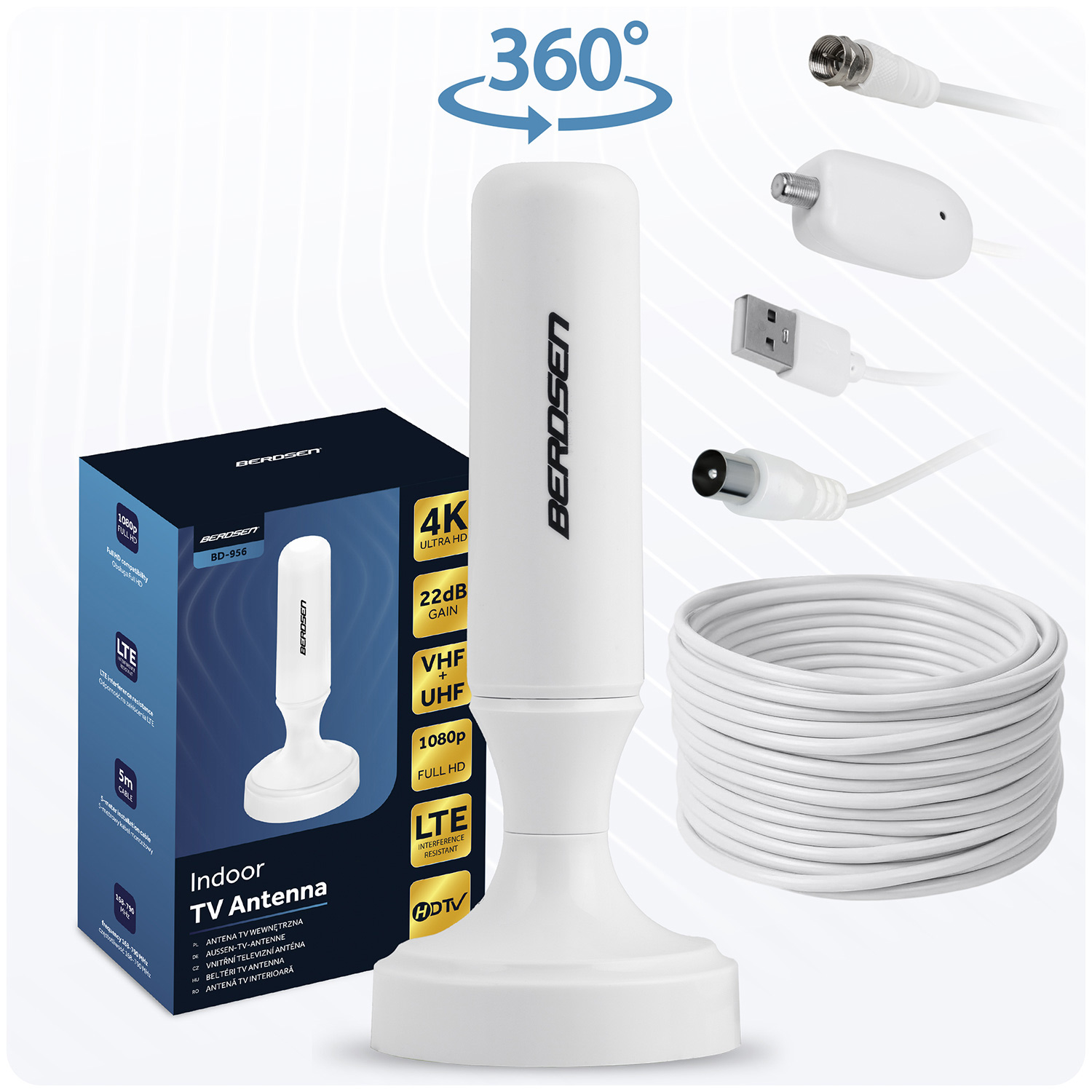 Antena TV do użytku wewnętrznego z dodatkowymi akcesoriami i symbolem 360 stopni.