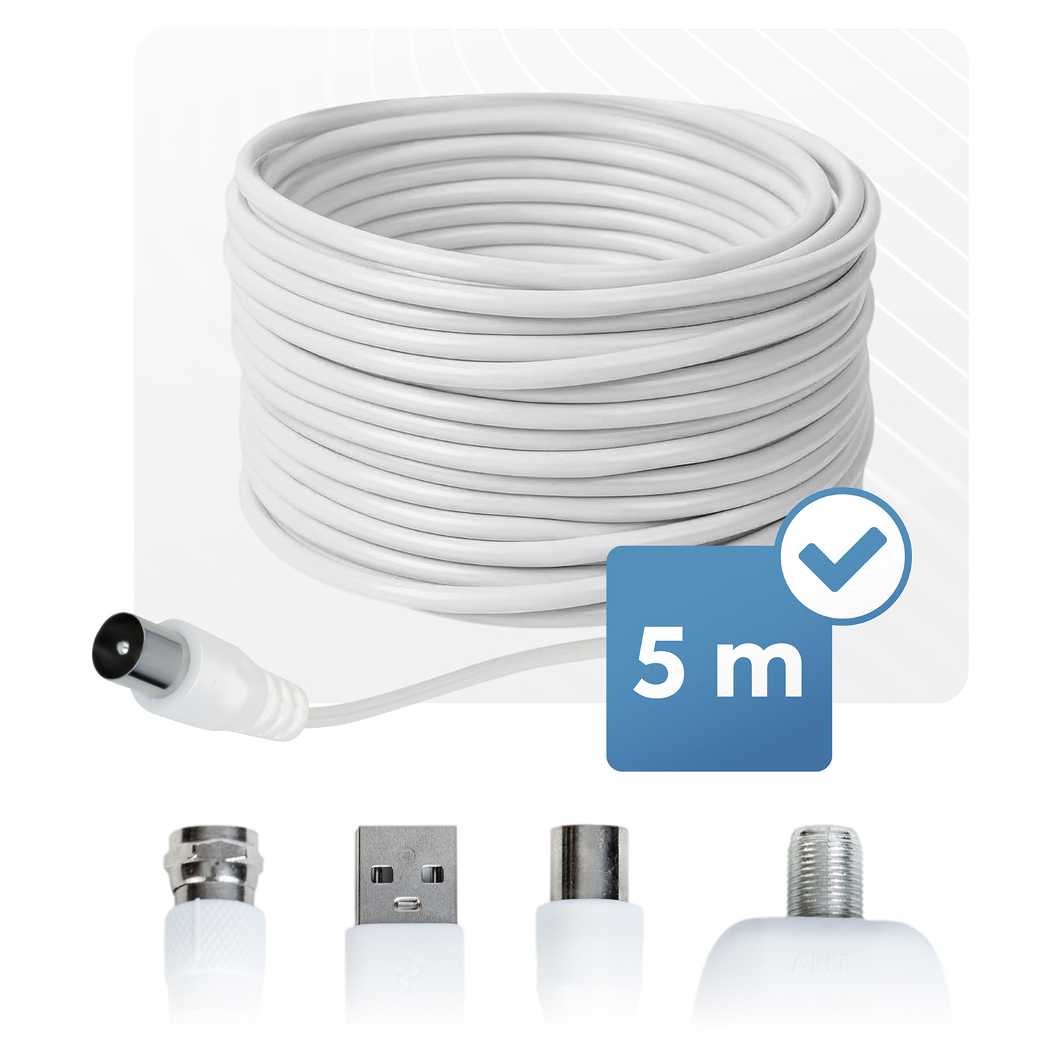 Zwinięty biały kabel z różnymi typami złączy.