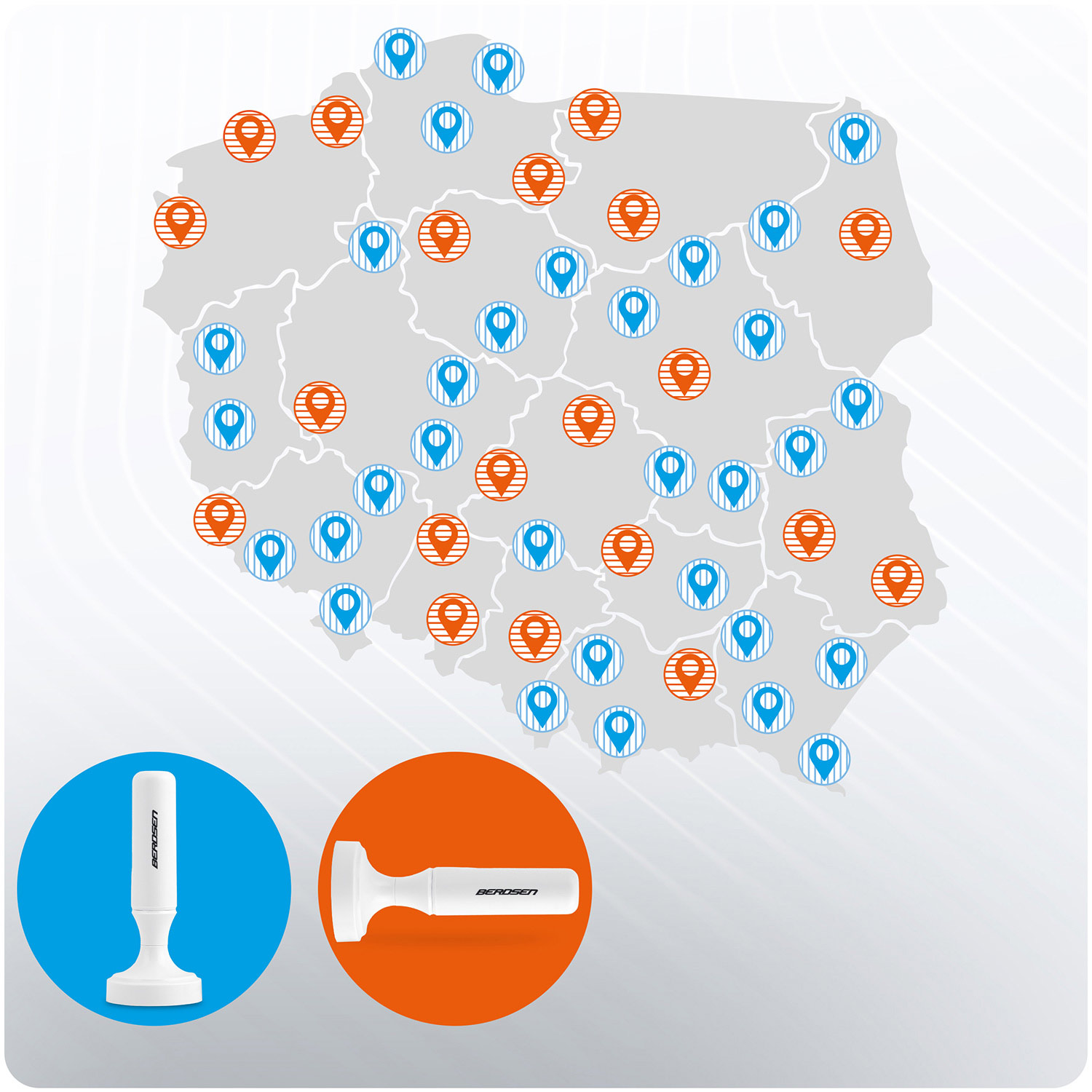 Mapa Polski ze znacznikami lokalizacji oraz dwoma próbkami produktów: anteną i pieczątką.